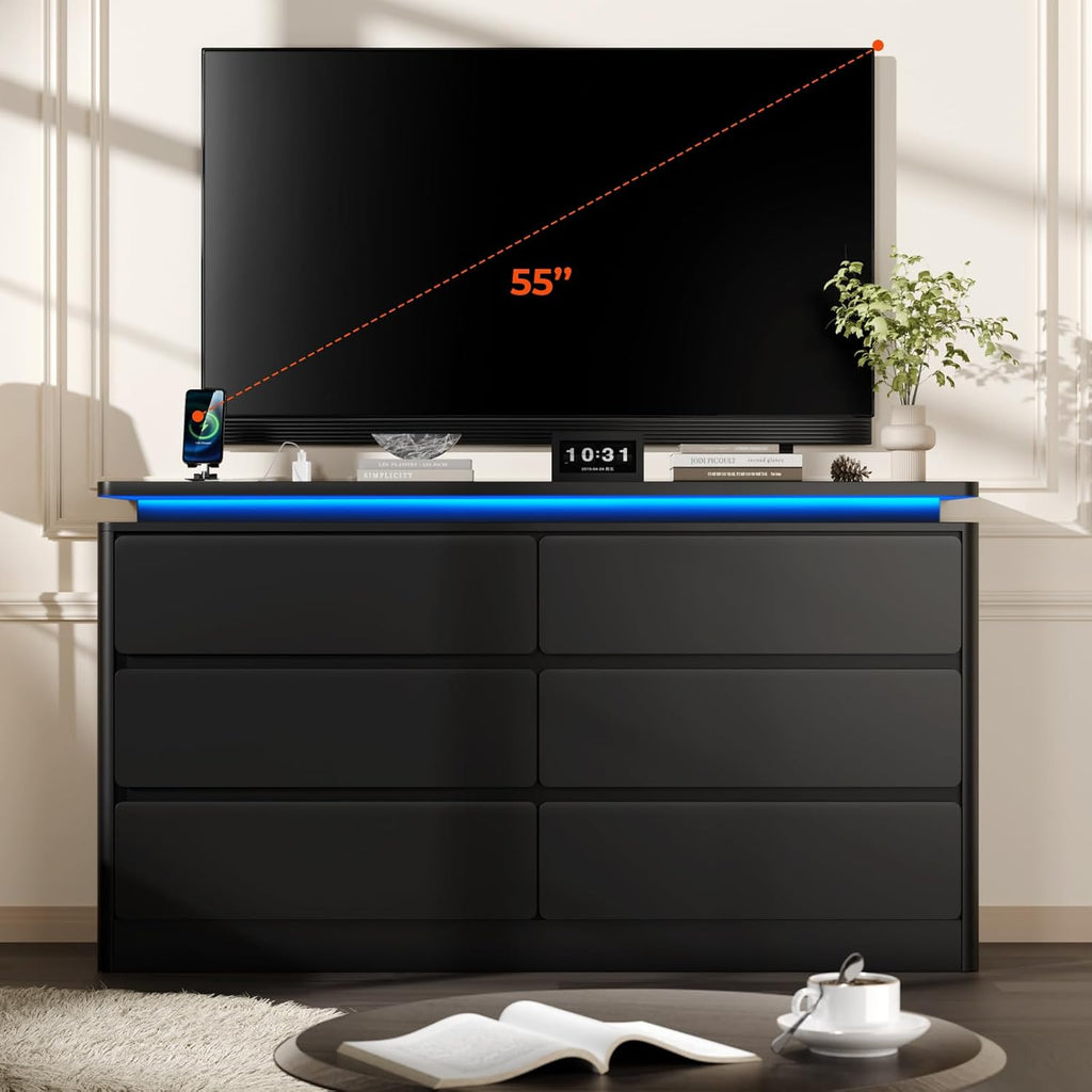 6 Drawer Dresser for Bedroom, 47.2" Long Black Chest of Drawers with Charging Station & LED Lights,Curved Profile Design,Double Wooden Closet Storage Cabinet,Modern Dresser TV Stand with Deep Drawers