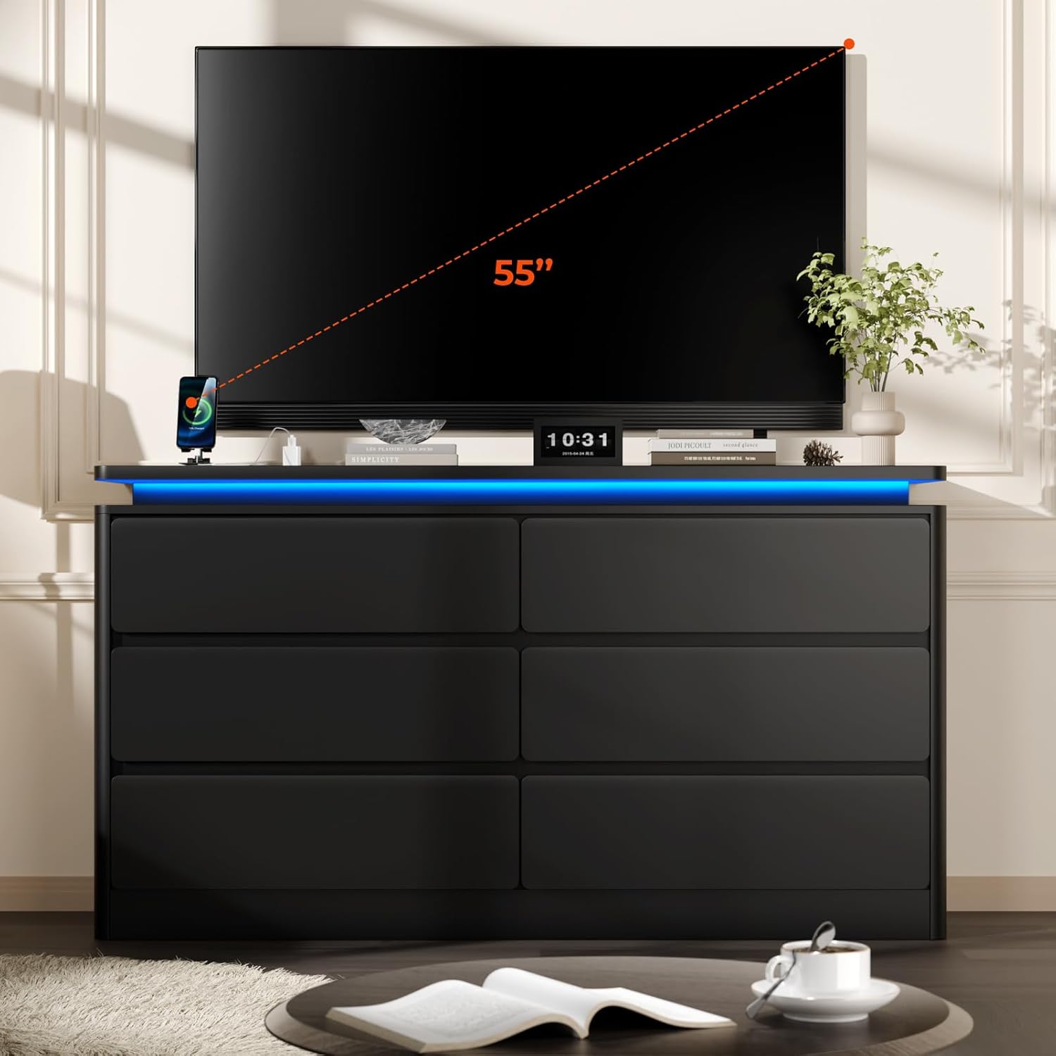 6 Drawer Dresser for Bedroom, 47.2" Long Black Chest of Drawers with Charging Station & LED Lights,Curved Profile Design,Double Wooden Closet Storage Cabinet,Modern Dresser TV Stand with Deep Drawers