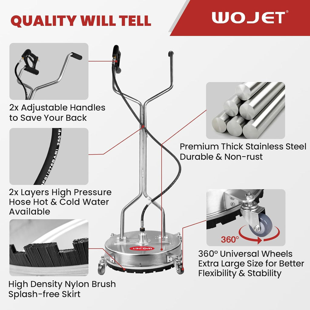 WOJET 20" Pressure Washer Surface Cleaner with 4 Wheels&Dual Handles  4500PSI Stainless Steel Surface Cleaner Attachment for Pressure Washer for Concrete Driveway Sidewalk Deck Patio  Commercial Grade