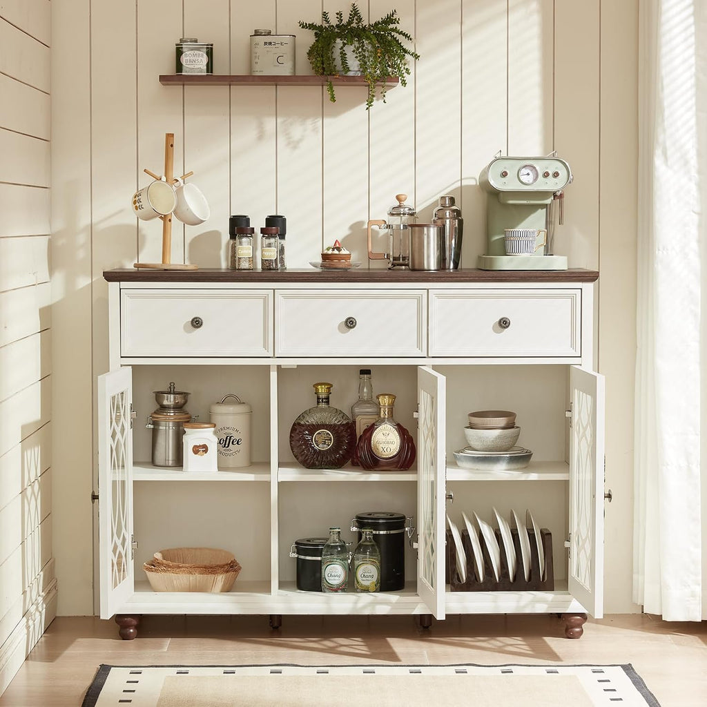 Farmhouse Sideboard Buffet Cabinet with Storage,48" Large Credenza with 3 Glass Doors & 3 Drawers,Adjustable Shelves Console Table,Wood Kitchen Coffee Bar for Dining Room,Living Room,White