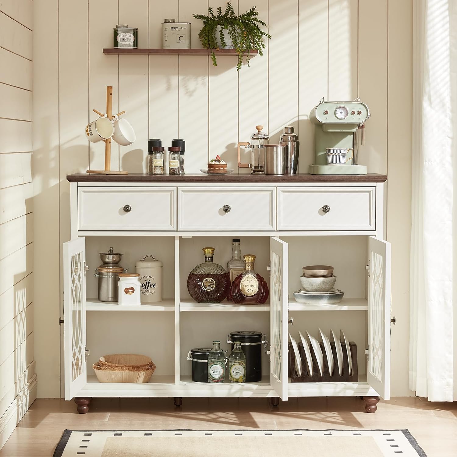 Farmhouse Sideboard Buffet Cabinet with Storage,48" Large Credenza with 3 Glass Doors & 3 Drawers,Adjustable Shelves Console Table,Wood Kitchen Coffee Bar for Dining Room,Living Room,White