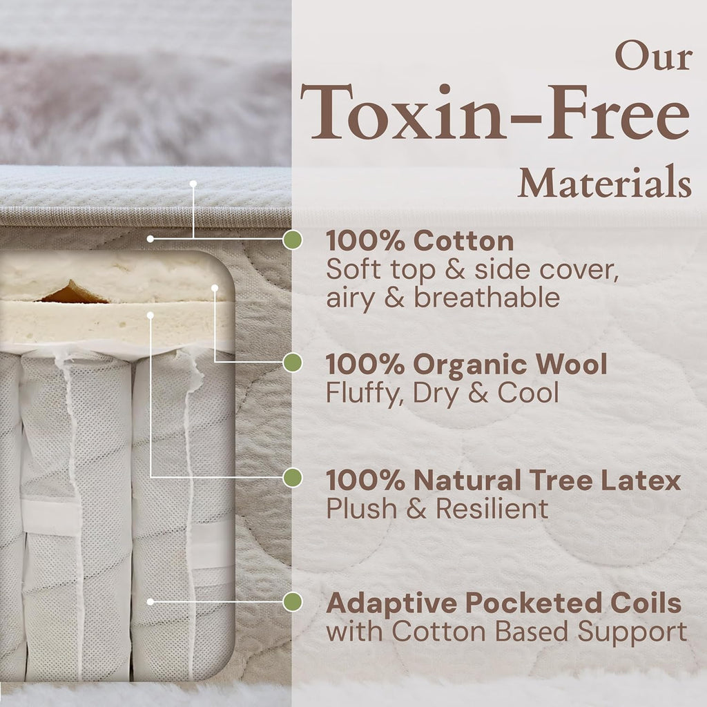 CottonSleep All Natural Mattress (100% Organic Cotton, Wool, & GOTS Latex, Made in The USA) Non Toxic, Fiberglass Free Hybrid Pocket Coil and Plush Foam Bed in A Box Medium Soft - Full, 13"
