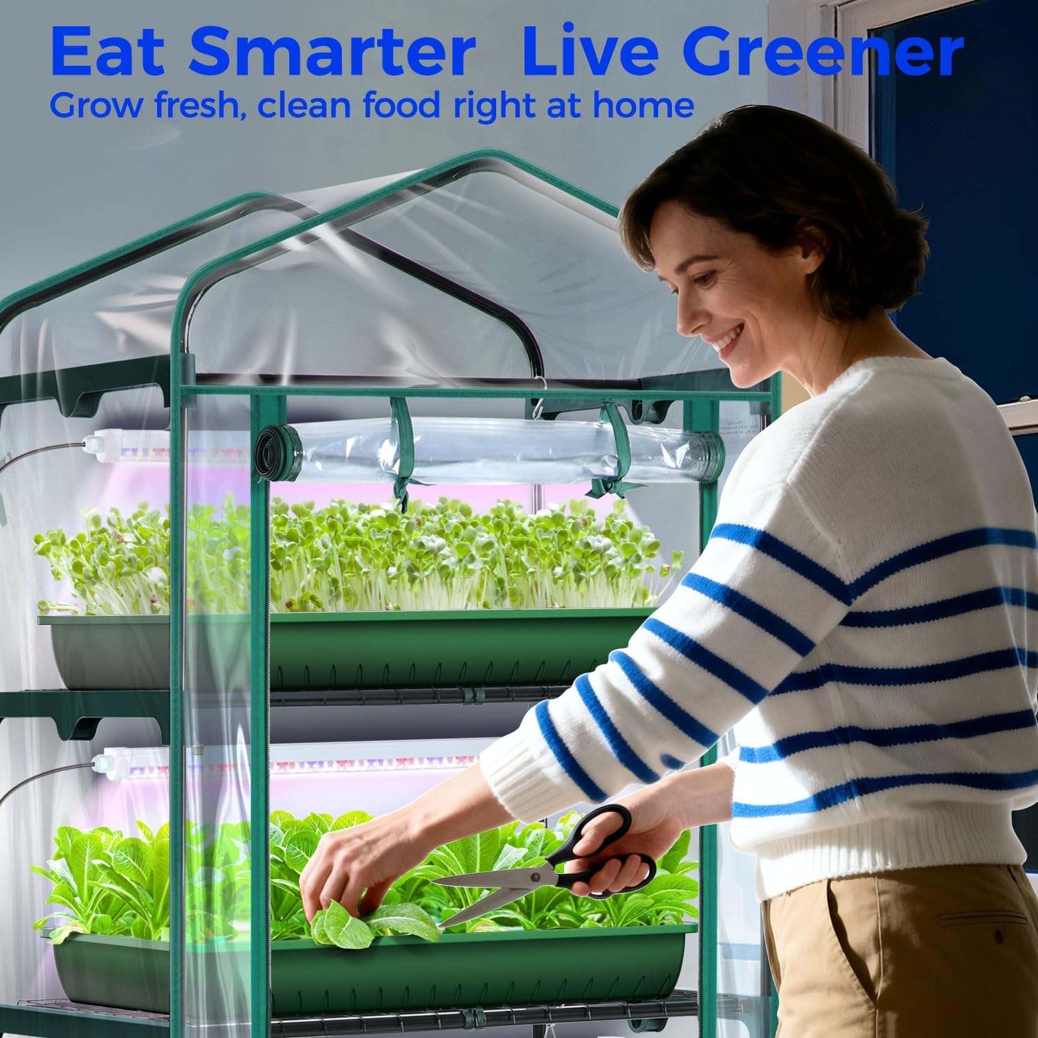 Indoor Greenhouse with Grow Light  Ohuhu 4-Tier Mini Green House for Winter - Full Spectrum Greenhouses for Seed Starting Small Portable Green Houses Waterproof PVC Cover & Adjustable Shelves