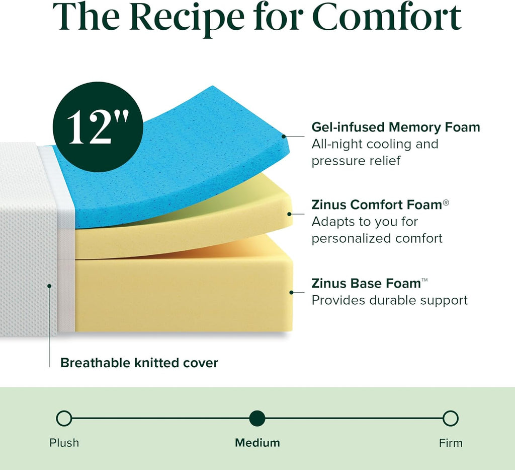 Zinus 12 Inch Green Tea Cooling Memory Foam Mattress New Version, Queen, Fiberglass Free, Medium Firmness, Cooling Gel Foam, Certified Safe Foams & Fabric, Mattress in A Box