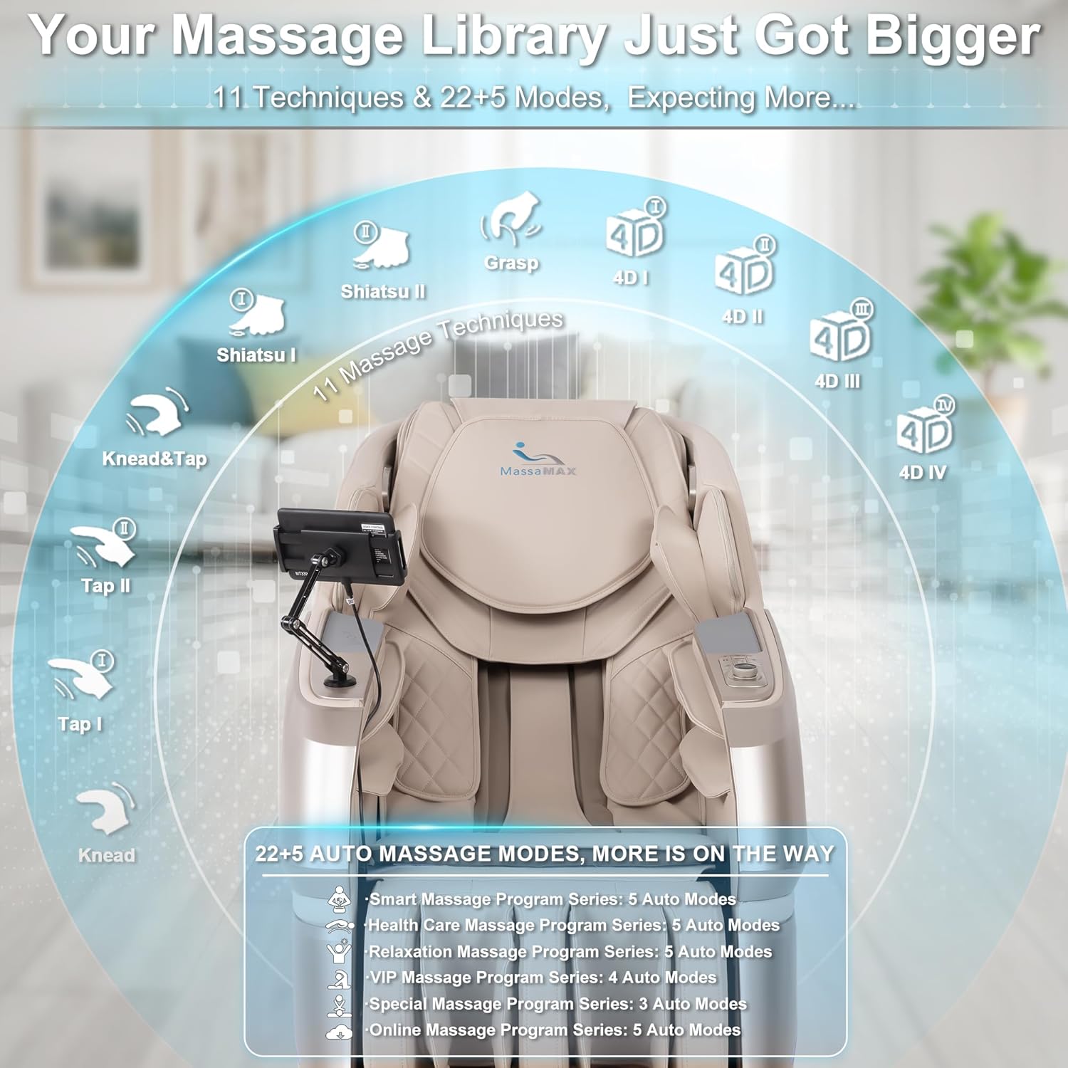 MassaMAX MT339 4D Massage Chair, Full Body Recliner with Auto Footrest, Zero Gravity, OTA Cloud Tech, SL Track, Deep Yoga Stretch, 27 Modes, APP, AI Control, and Heating (Golden)