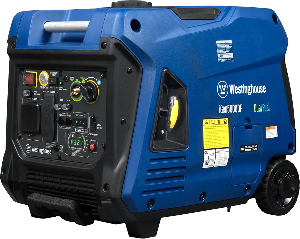 Westinghouse 5000 Peak Watt Super Quiet Dual Fuel Portable Inverter Generator  Remote Electric Start  Gas & Propane Powered  RV Ready 30A Outlet  Parallel Capable  Blue/Black