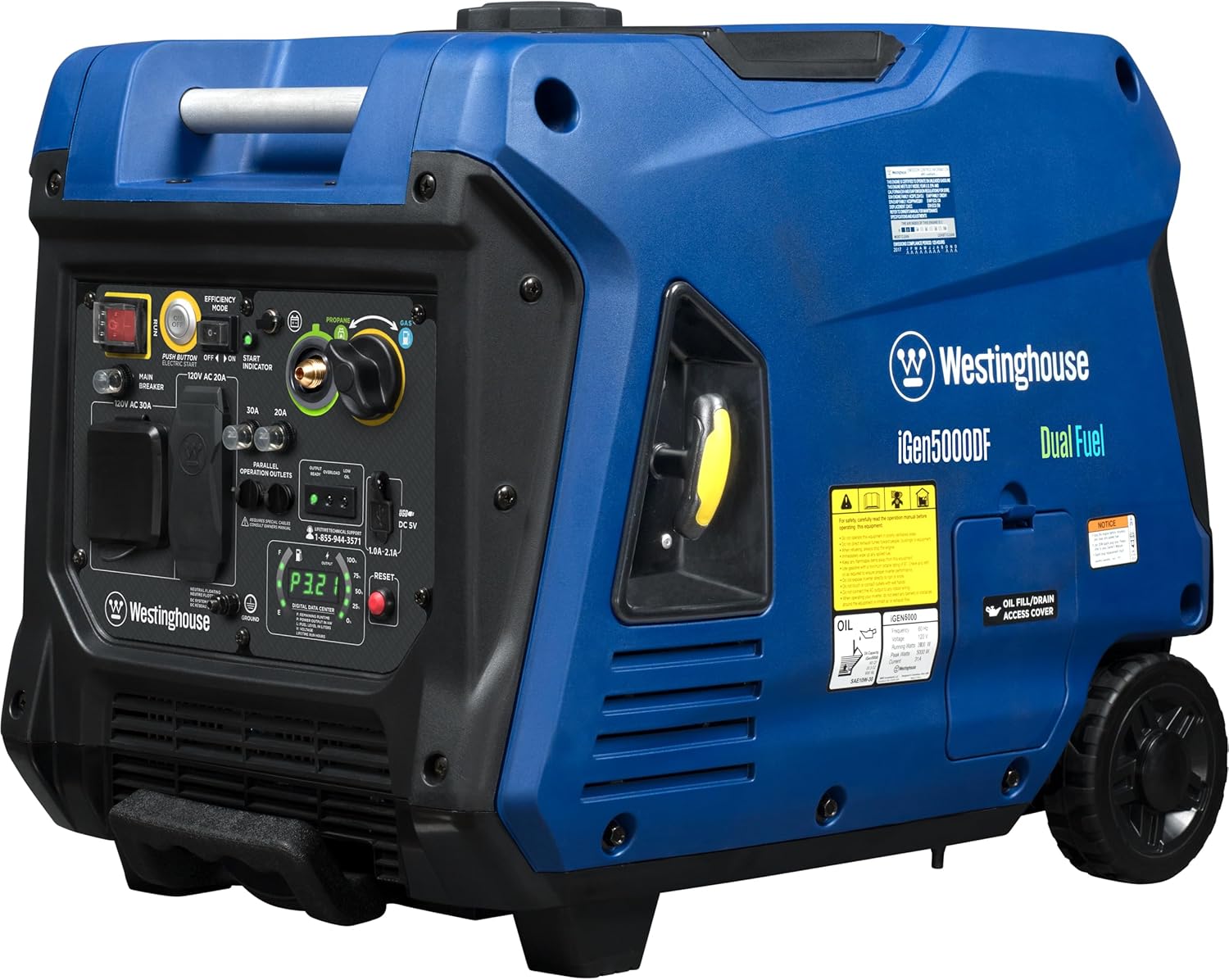 Westinghouse 5000 Peak Watt Super Quiet Dual Fuel Portable Inverter Generator  Remote Electric Start  Gas & Propane Powered  RV Ready 30A Outlet  Parallel Capable  Blue/Black