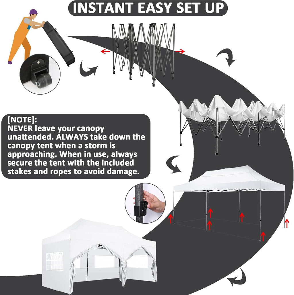 COBIZI 10x20 Pop Up Canopy with 6 Sidewall Heavy Duty Canopy UPF 50+ All Season Wind Waterproof Commercial Outdoor Wedding Party Tents for Parties Canopy Gazebo with Roller Bag(10 x 20 ft White)