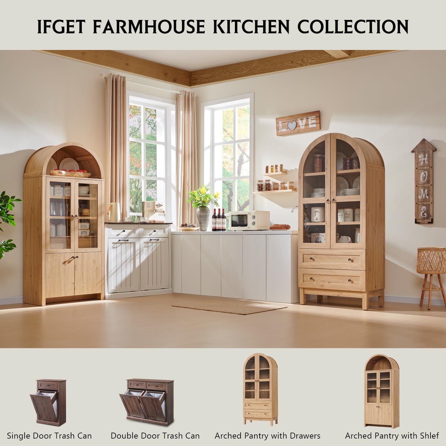 71" Tall Arched Kitchen Pantry, Modern Farmhouse Wood Kitchens Storage Cabinets with 2 Large Drawers and Adjustable Shelves, Versatile Cupboard for Kitchen, Dining Room, Bathroom, Natrual
