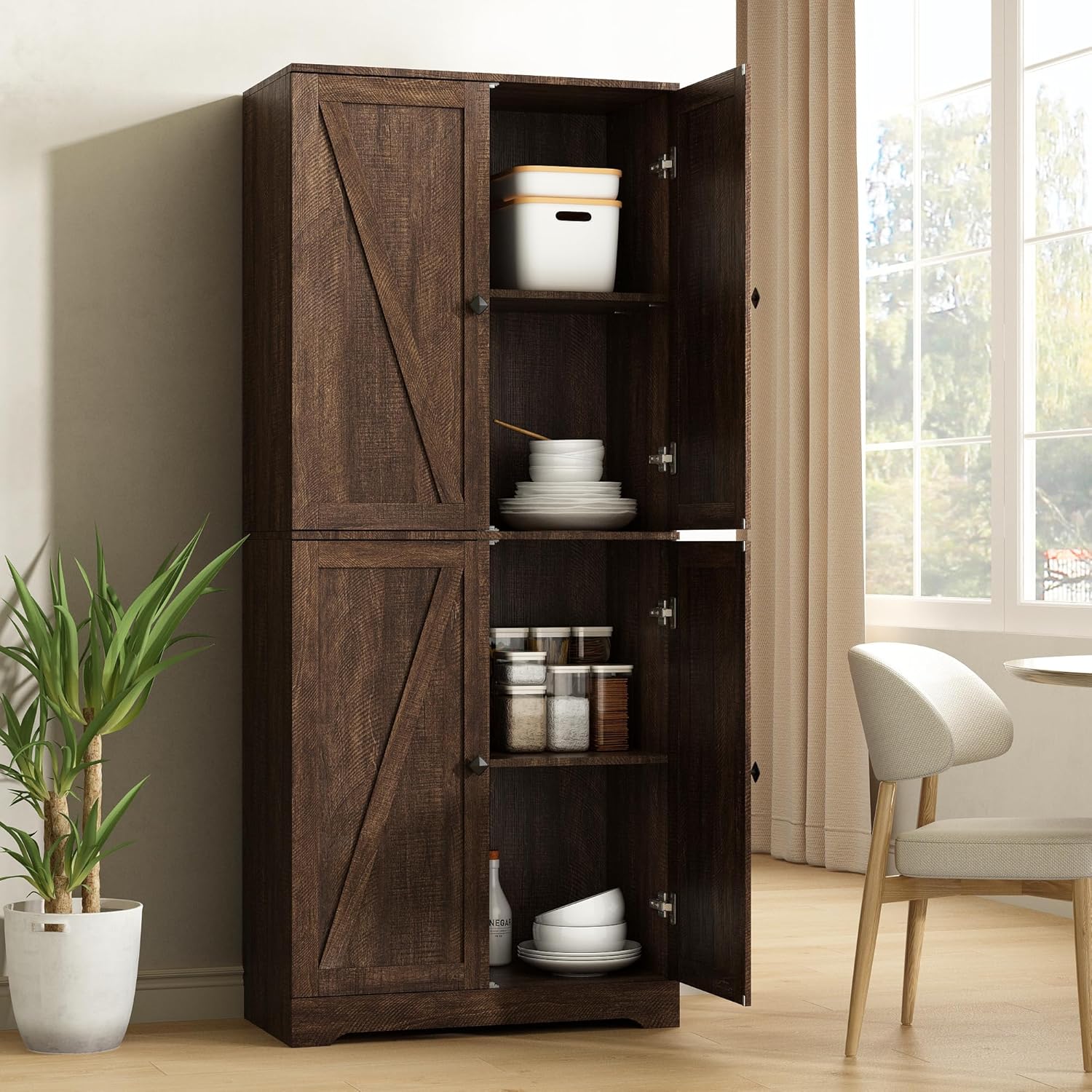 Kitchen Pantry Cabinet Set of 3, 72” Tall Farmhouse Storage Cabinet with 4 Barn Doors and Adjustable Shelves, Pantry Cabinet Versatile Storage for Kitchen, Living Room, Brown