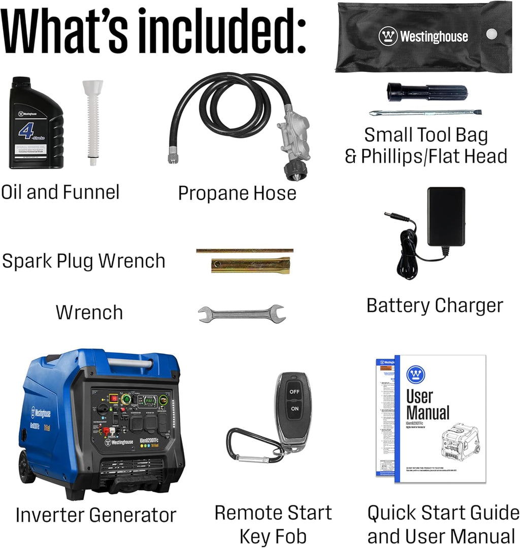 Westinghouse 8200 Peak Watt Tri-Fuel Portable Inverter Generator  Remote Electric Start  Transfer Switch Ready  Gas  Propane  Natural Gas  Low THD  Safe for Electronics  Parallel Capable  CO Sensor