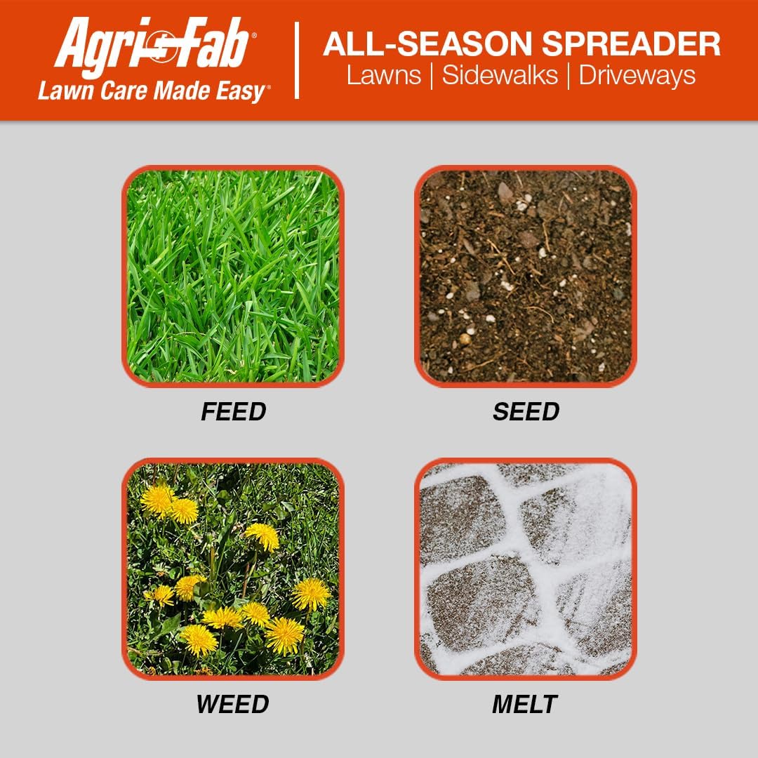 Agri-Fab 45-0463 Pull Behind Broadcast Spreader 130 lb. Hopper Capacity Designed for Seed  Fertilizer  Salt  Ice Melt with Universal Hitch 12 ft. Spread Width for Riding Lawn Mowers and Lawn Tractors