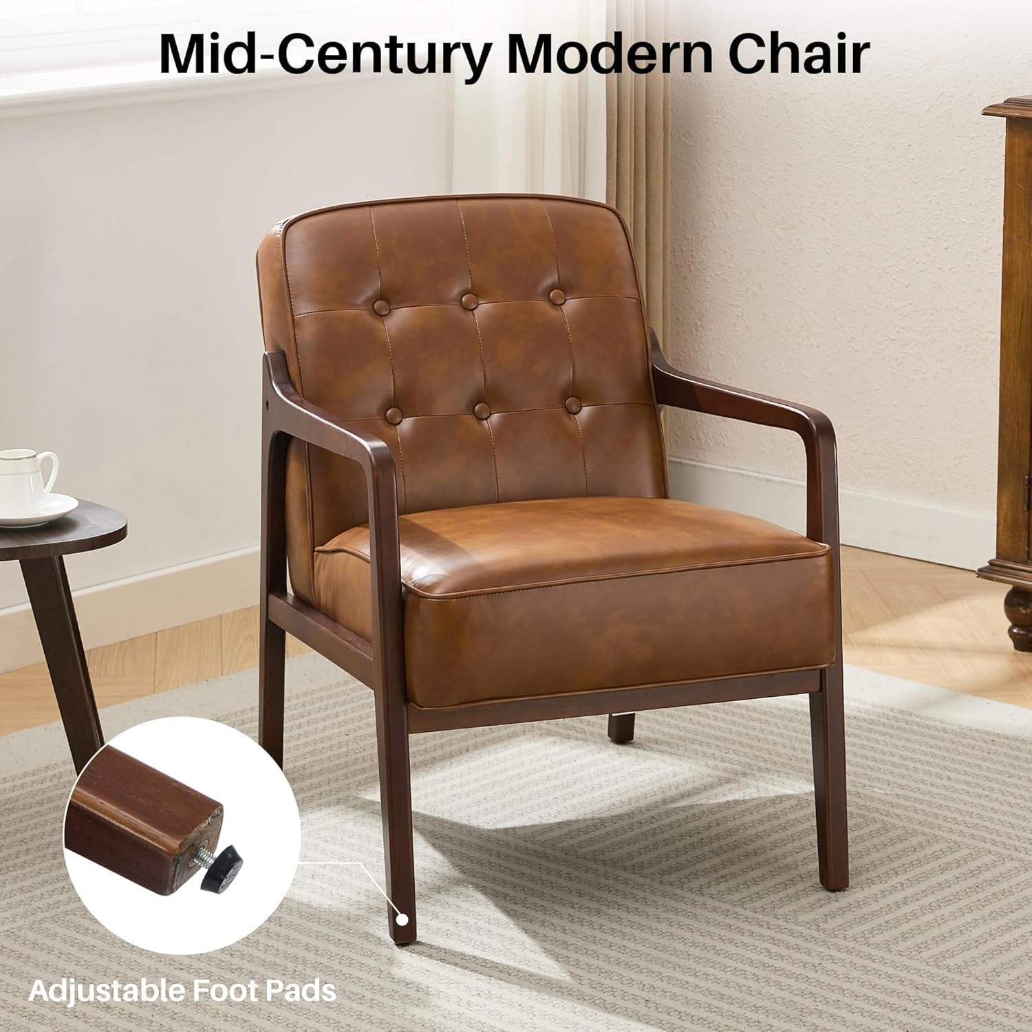 Faux Leather Accent Chair Set of 2, Mid Century Chair for Living Room, Upholstered Comfy Lounge Armchair with Solid Wood Frame, Modern Chair for Bedroom,105°Ergonomic Comfort, Brown