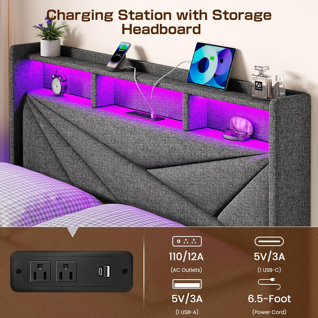King Size Bed Frame with 4 Storage Drawers, Upholstered King Bed Frame with Charging Station and LED Lights Headboard, No Box Spring Needed, Easy Assembly - Dark Grey