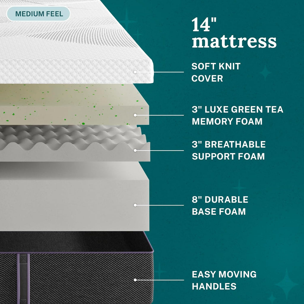 Sleep Innovations Shiloh 14 Inch Green Tea Memory Foam Mattress, California King Size, Bed in a Box, Medium Feel