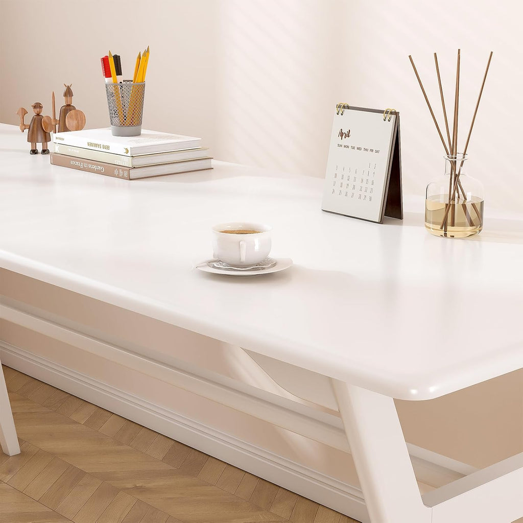 Solid Wood Study Desk - 63" Double Long Computer Table for Home Office, 2-Person PC Workstation, White