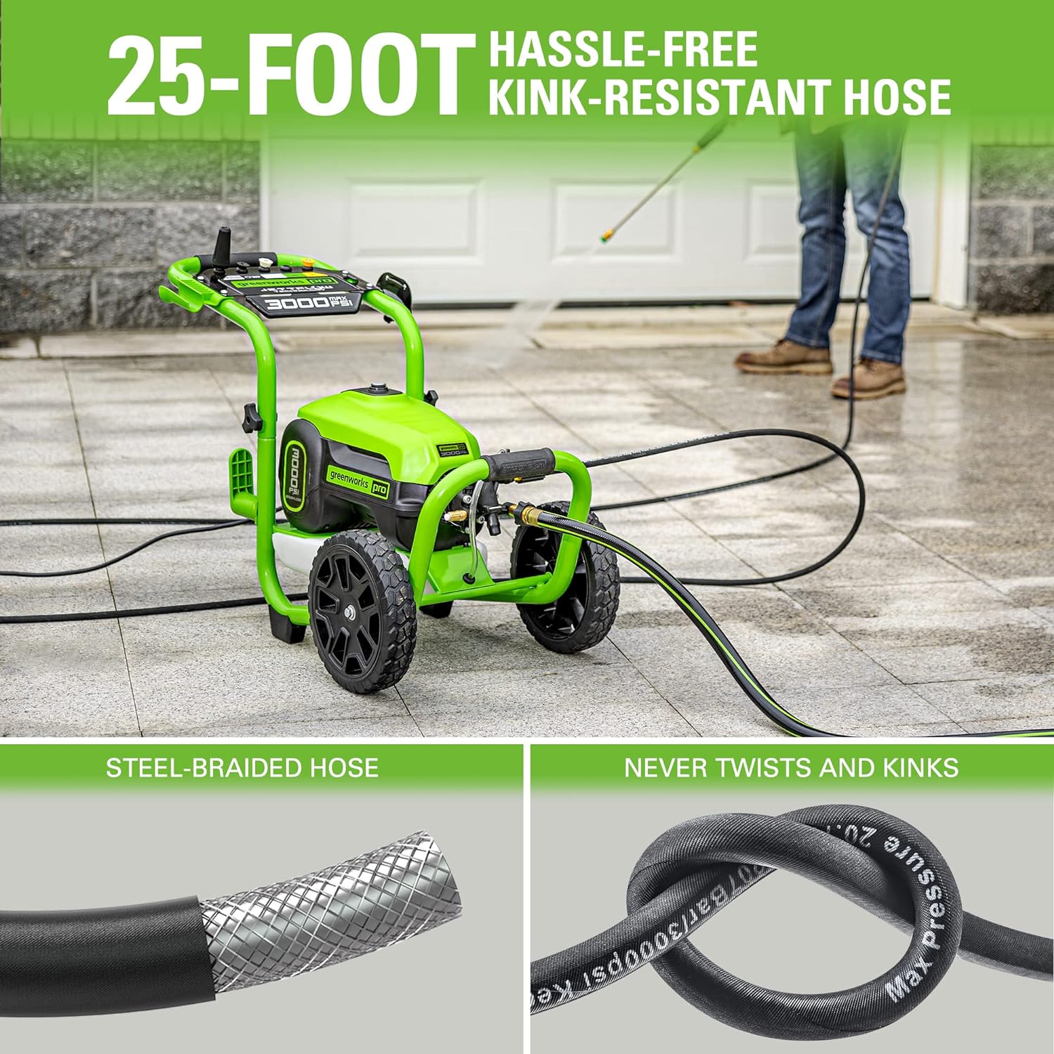 Greenworks Pro Brushless 3000 PSI (CSA Certified) 2.0 GPM Max / 1.1 GPM Electric Pressure Washer (Rugged Steel Frame  25 FT Hose  35 FT GFCI Power Cord)