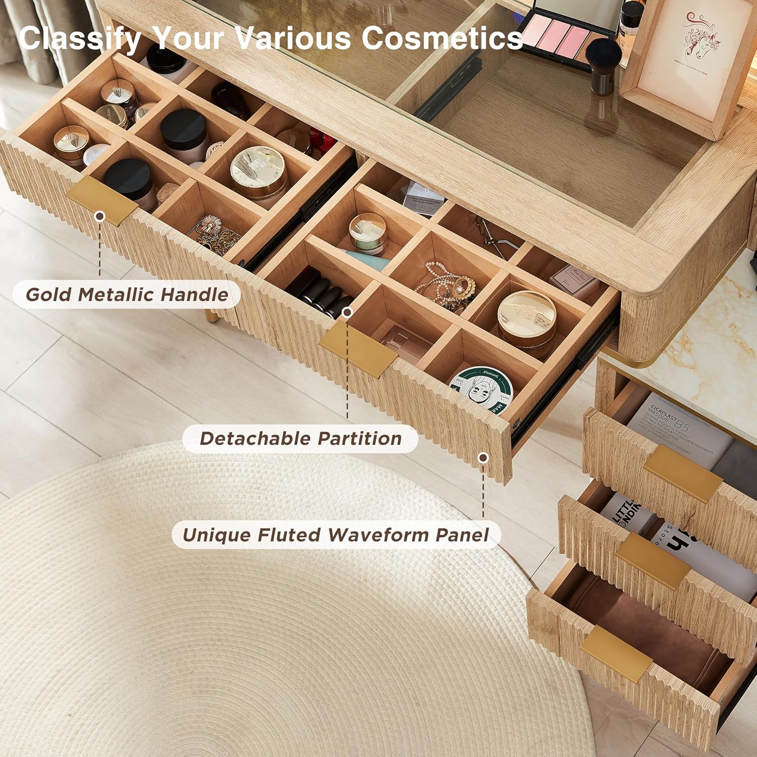 T4TREAM Fluted Makeup Vanity Desk with 36" HD Lighted Mirror, 48" Big Modern Vanity Desk with Mirror and Lights, Dressing Table with 5 Drawers & Shelves, Glass Top for Bedroom (Natural Oak)