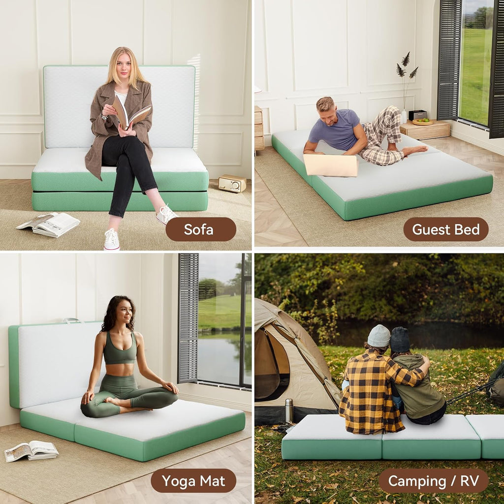 Memory Foam Trifold Mattress, Full Portable Floor Bed 6 Inch, Foldable Mat with Washable Cover, Handle & Non-Slip Bottom, for RV, Travel, Camping, Yoga, 73"x52"x6", White Green