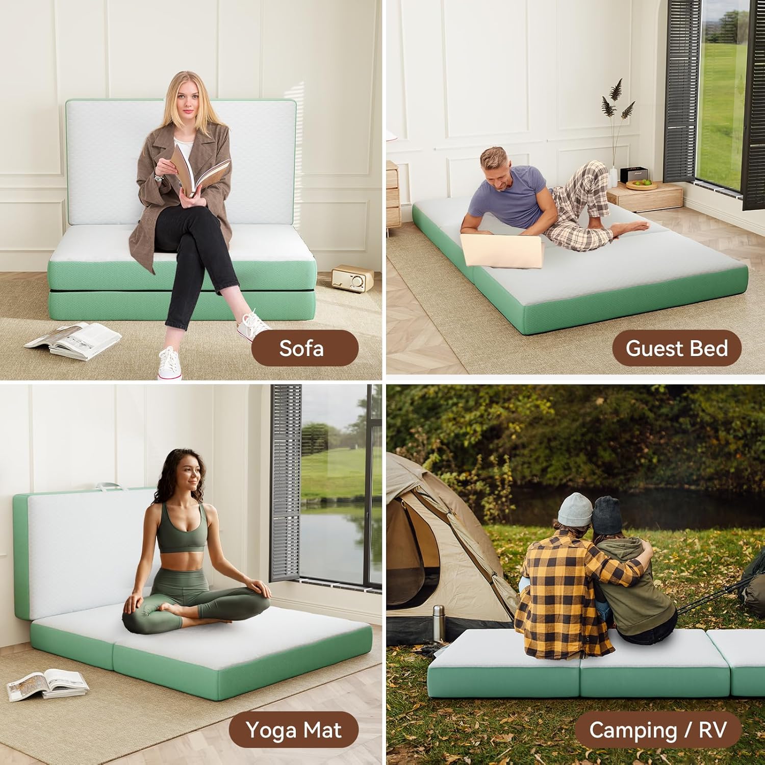Memory Foam Trifold Mattress, Queen Portable Floor Bed 6 Inch, Foldable Mat with Washable Cover, Handle & Non-Slip Bottom, for RV, Travel, Camping, Yoga, 78"x58"x6", White Green
