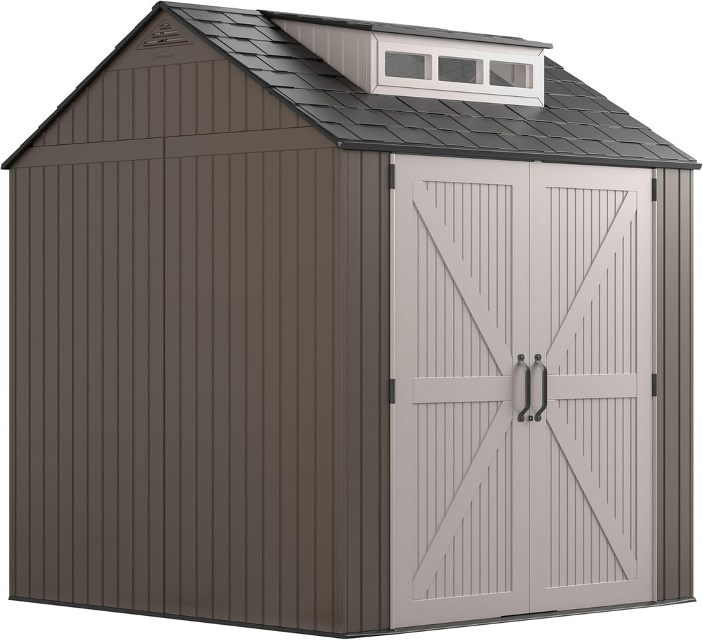 Rubbermaid Large Resin Outdoor Storage Shed With Floor (7 x 7 Ft.)  Weather Resistant  Brown  Organization for Home/Lawn Mower/Backyard Equipment/Bike Storage/Pool Supplies