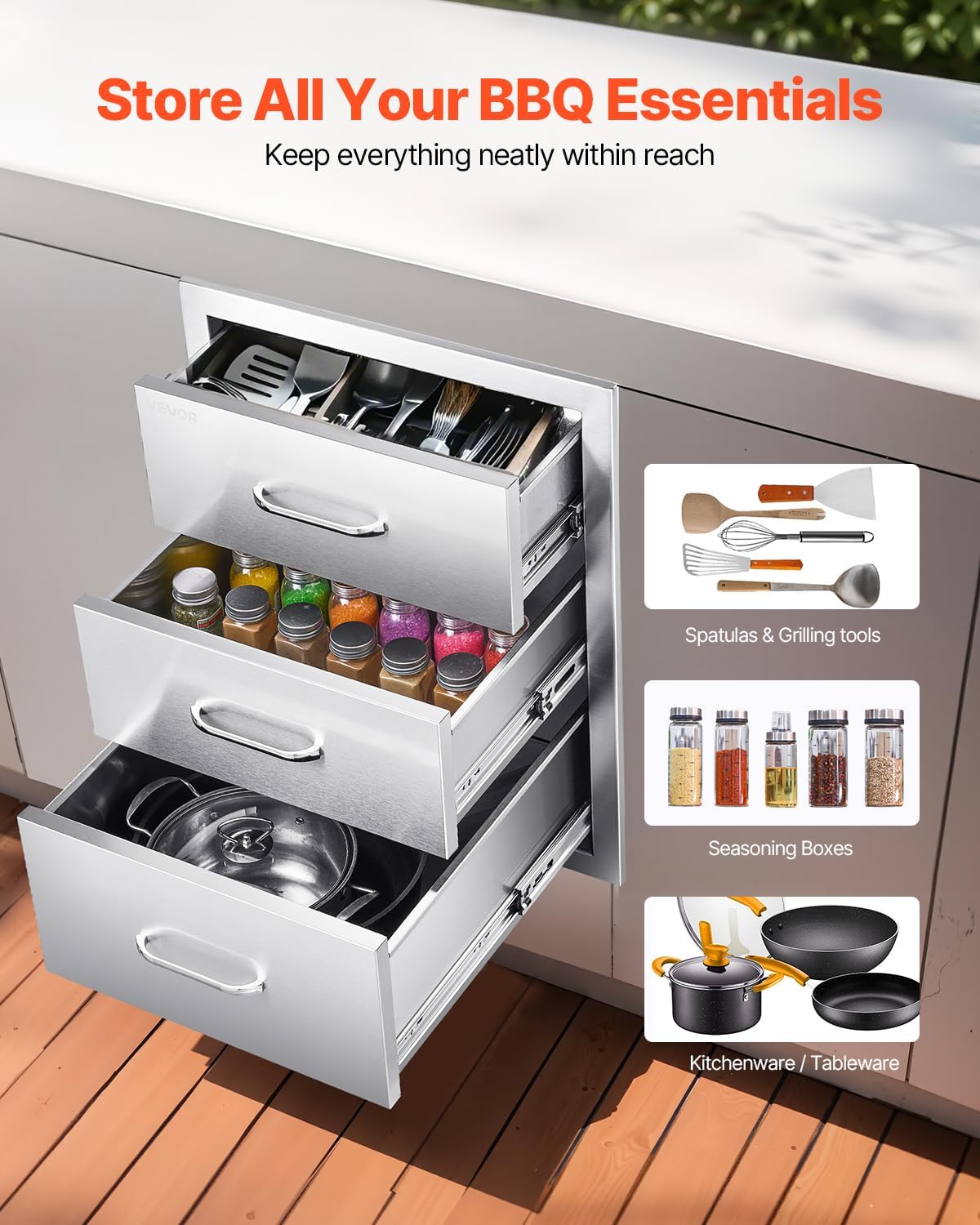 VEVOR Outdoor Kitchen Drawers 18.11" W x 23.23" D x 23.23" H  Triple-Access Stainless Steel Modular Drawer Cabinet with Handles  BBQ Island Drawer for Outdoor Kitchen or BBQ Island Patio Grill Station