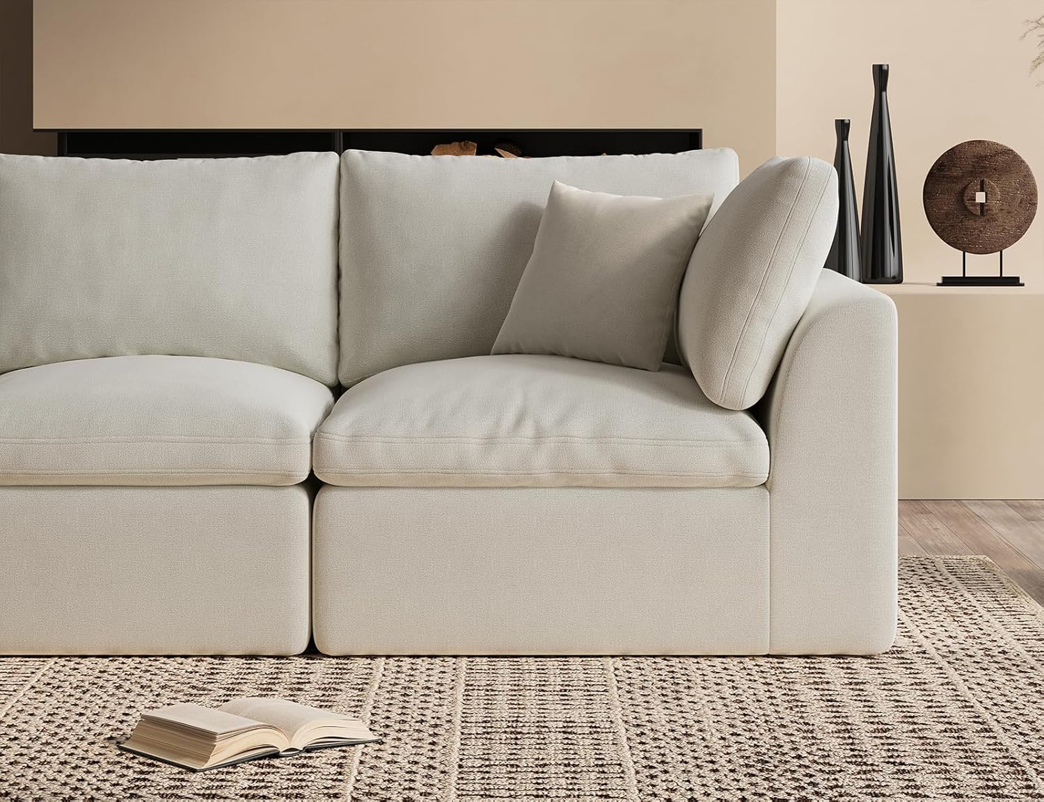 110" Cloud Sectional Couches for Living Room, Convertible L-Shape Couch with Ottoman, 3 Seater Modular Sectional Sofa, Warm White