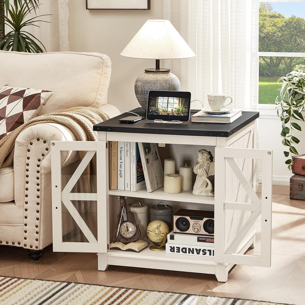 Farmhouse End Table with Charging Station Set 2, 24" Large Sofa Side Table with Glass Barn Door,White Nightstand with Adjustable Storage Shelf,Wood Square Bedside Table for Living Room,Bedroom