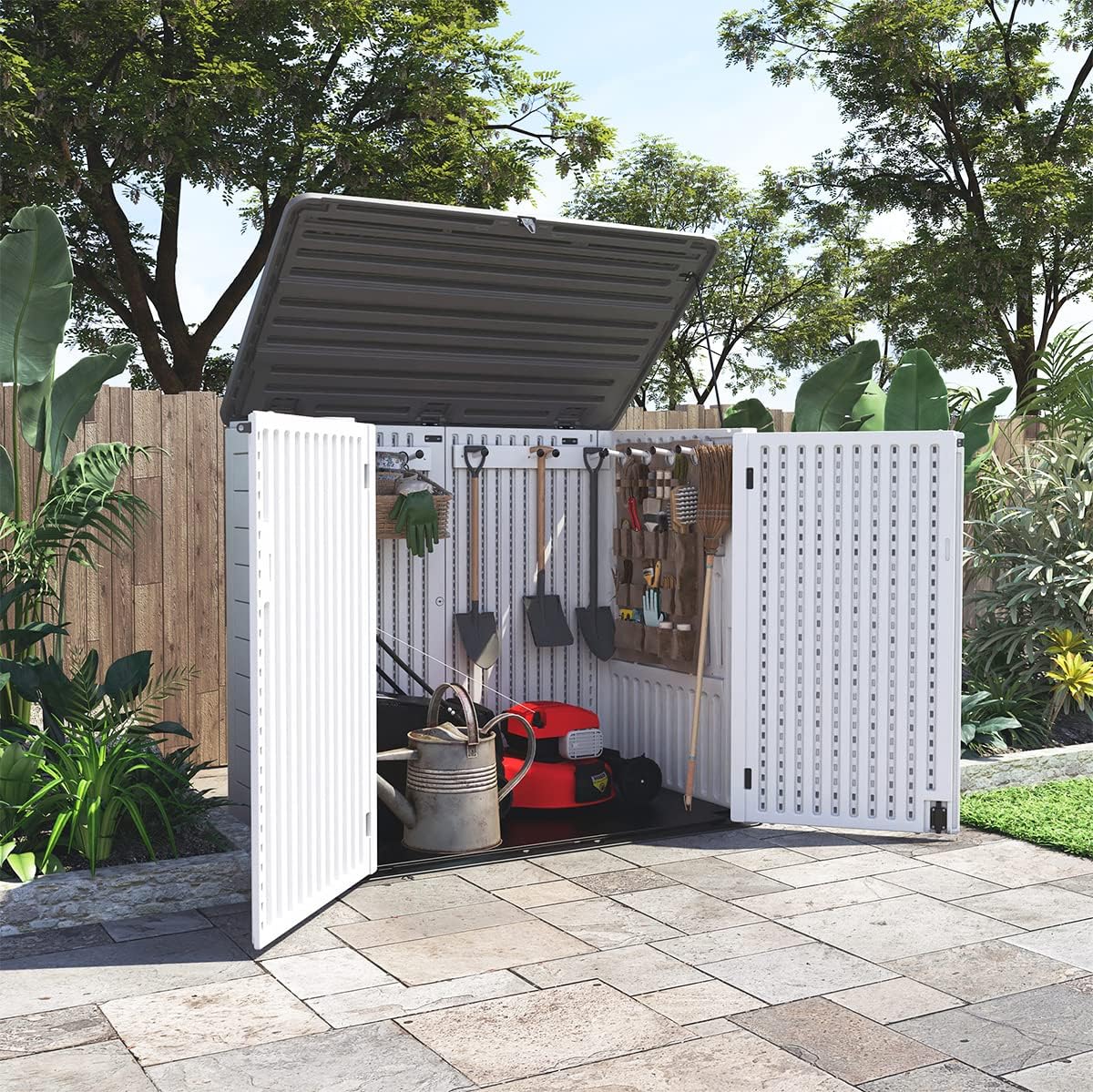 KINYING Larger Outdoor Storage Shed Weather Resistance  Horizontal Outdoor Storage Box Waterproof for Garden  Patios  Backyards  48 Cu.ft Capacity for Garbage Cans  Lawn Mower  Garden Tools