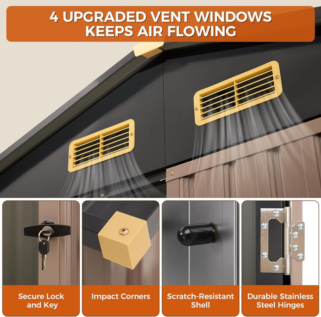 IRONCK 10x12FT Outdoor Storage Shed  Metal Garden Tool Shed with Breathable Vent and Lockable Doors  Outside Storage for Backyard  Poolside  Patio  Brown
