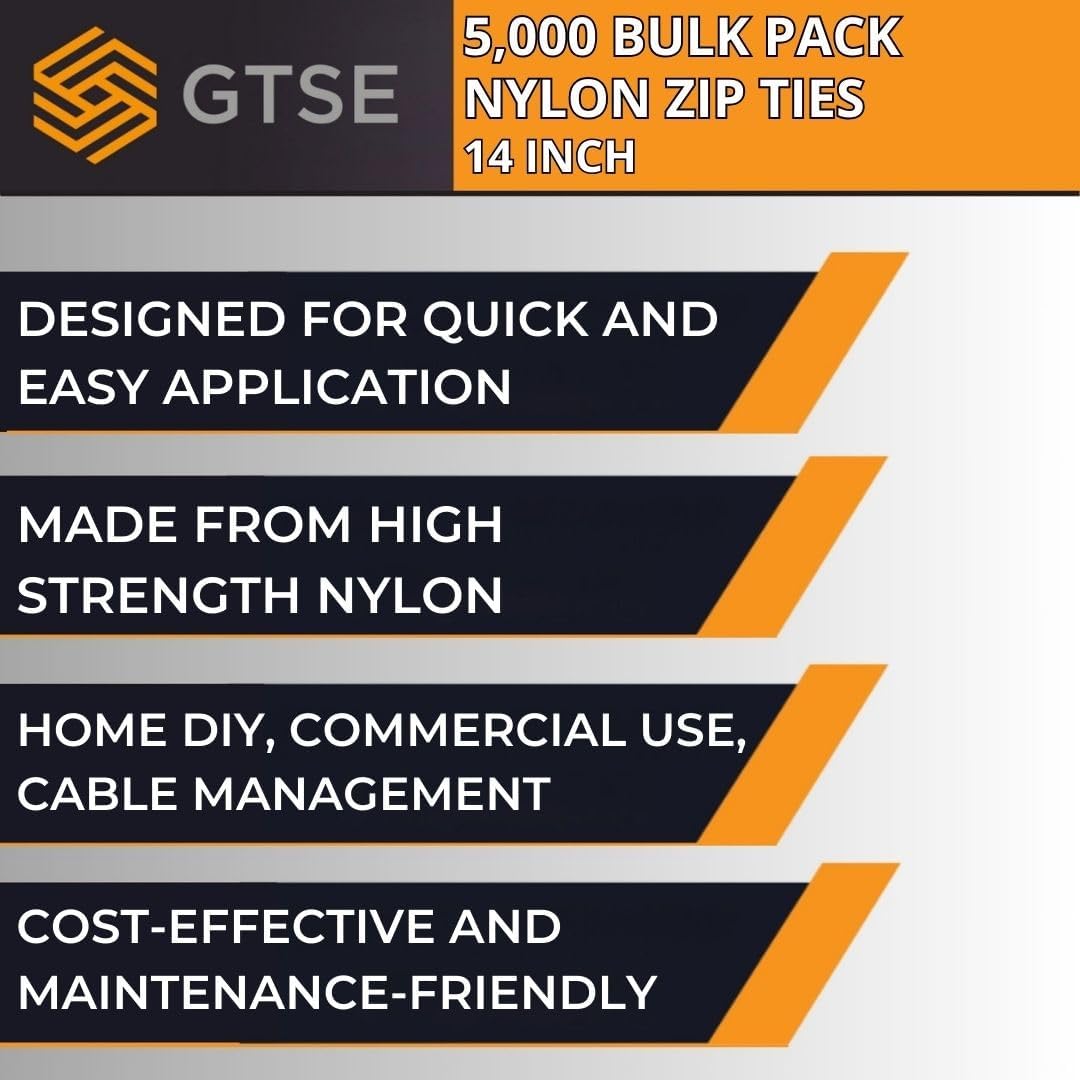 GTSE 14 Inch Black Zip Ties  5 000 Bulk Pack  50lb Strength  UV Resistant Long Nylon Cable Ties  Self-Locking 14" Tie Wraps