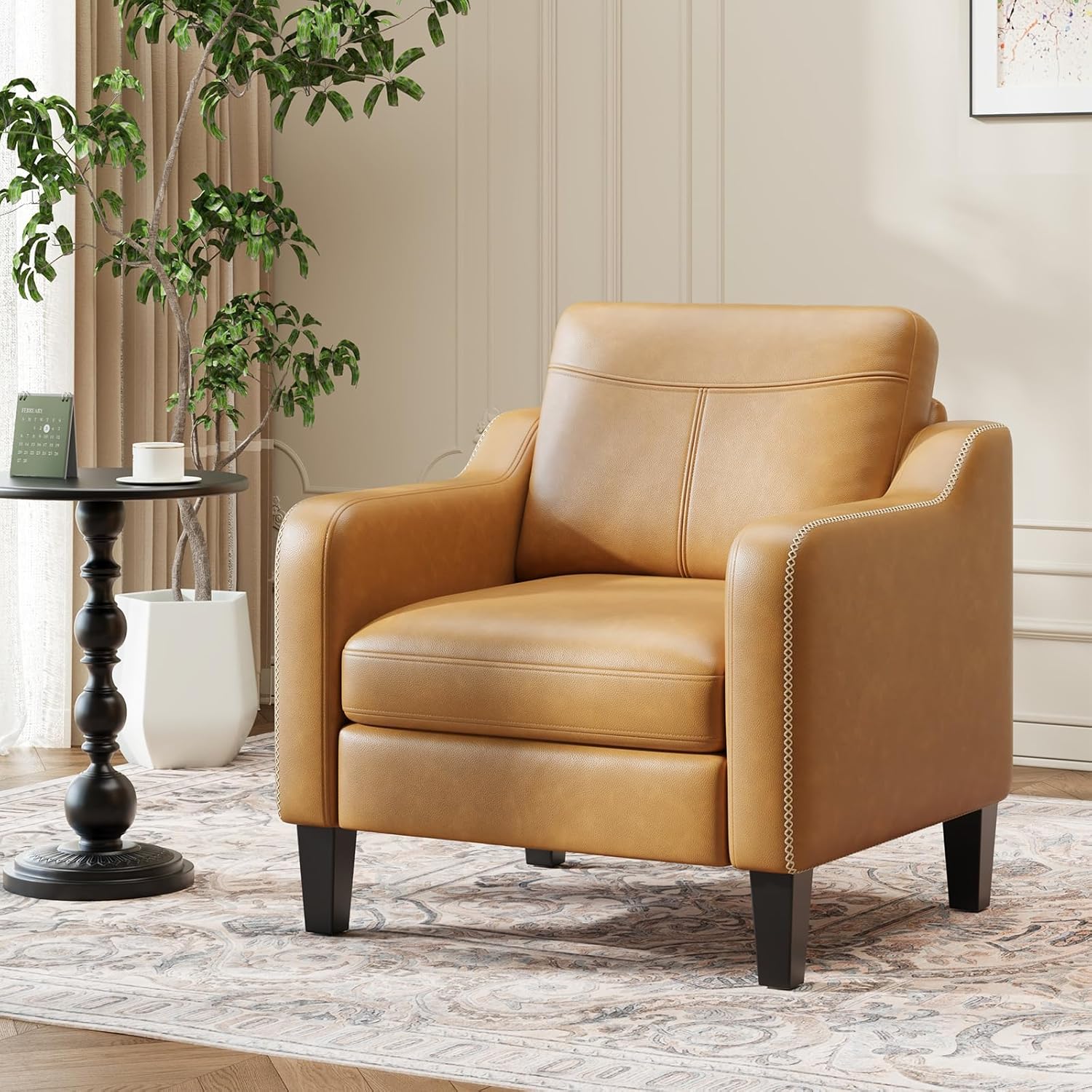 PU Leather Accent Chair Set of 2, Mid-Century Modern Living Room Armchair Sofa with Removable Cushions, Solid Wood Frame & Stitched Armrest Design, Bedroom Chair with Plastic Legs, Brown