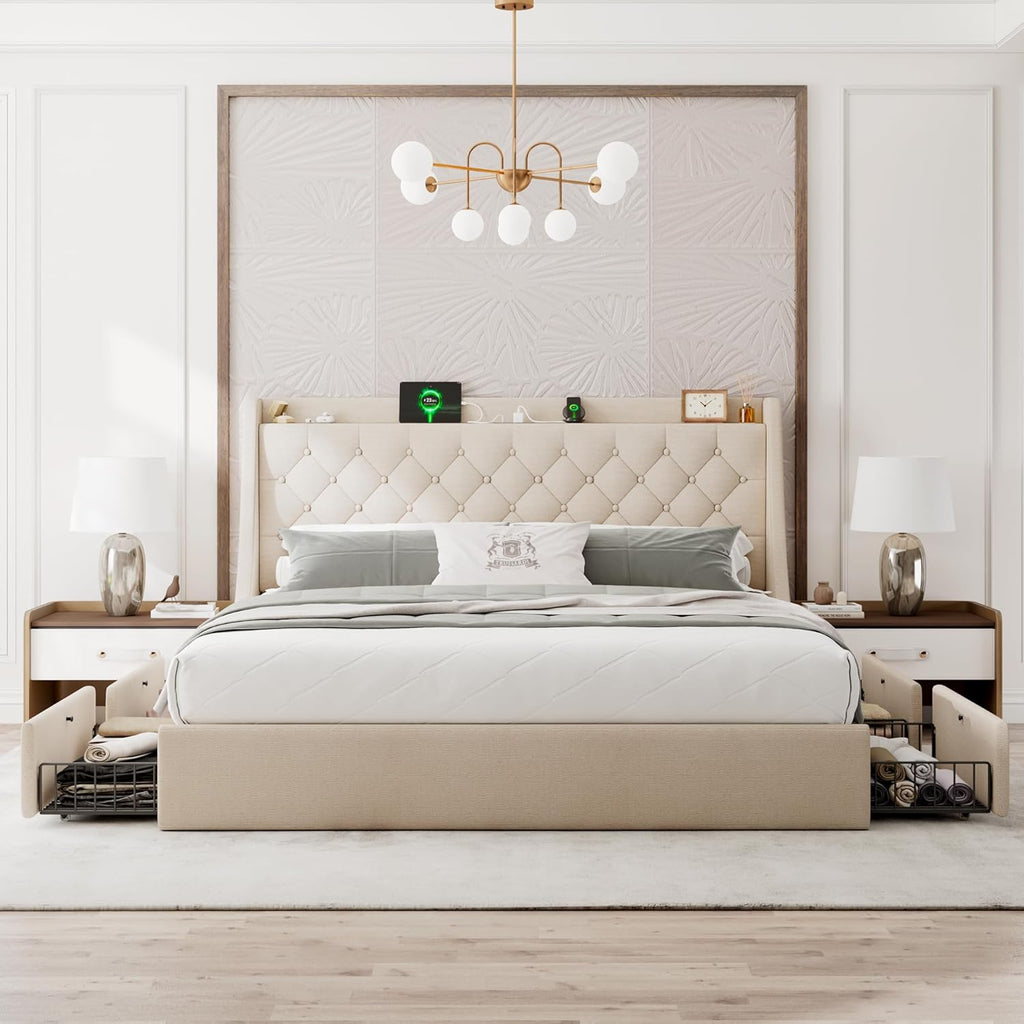 Upholstered King Size Bed Frame with 4 Storage Drawers, Modern Platform Bed with Wingback Headboard, Charging Station, No Box Spring Needed, Beige
