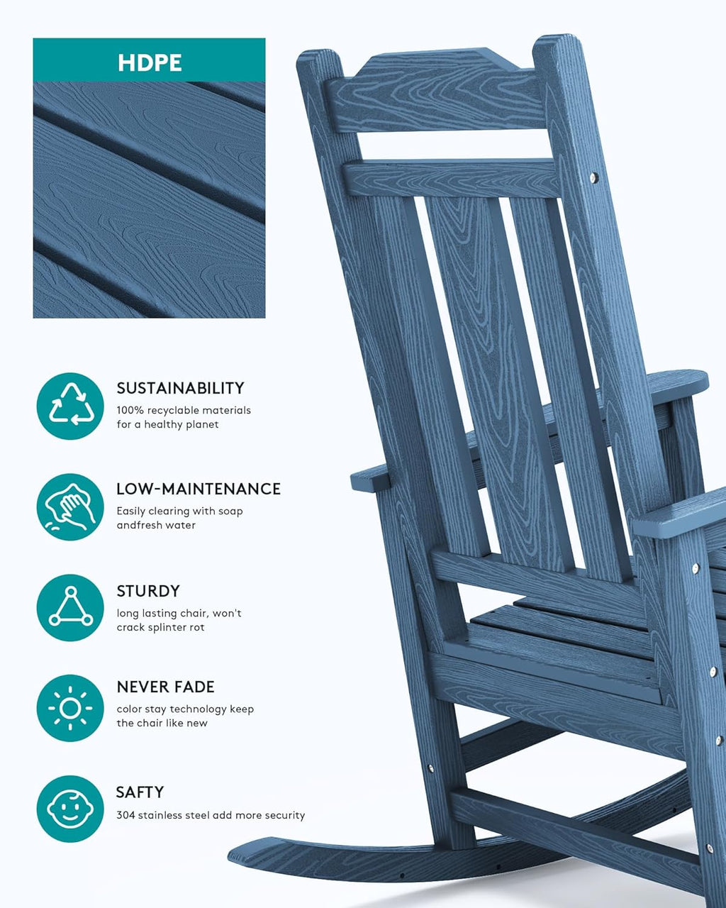 SERWALL Oversized Rocking Chair Set of 4 Outdoor  HDPE Outdoor Rocking Chair Set of 4  Blue