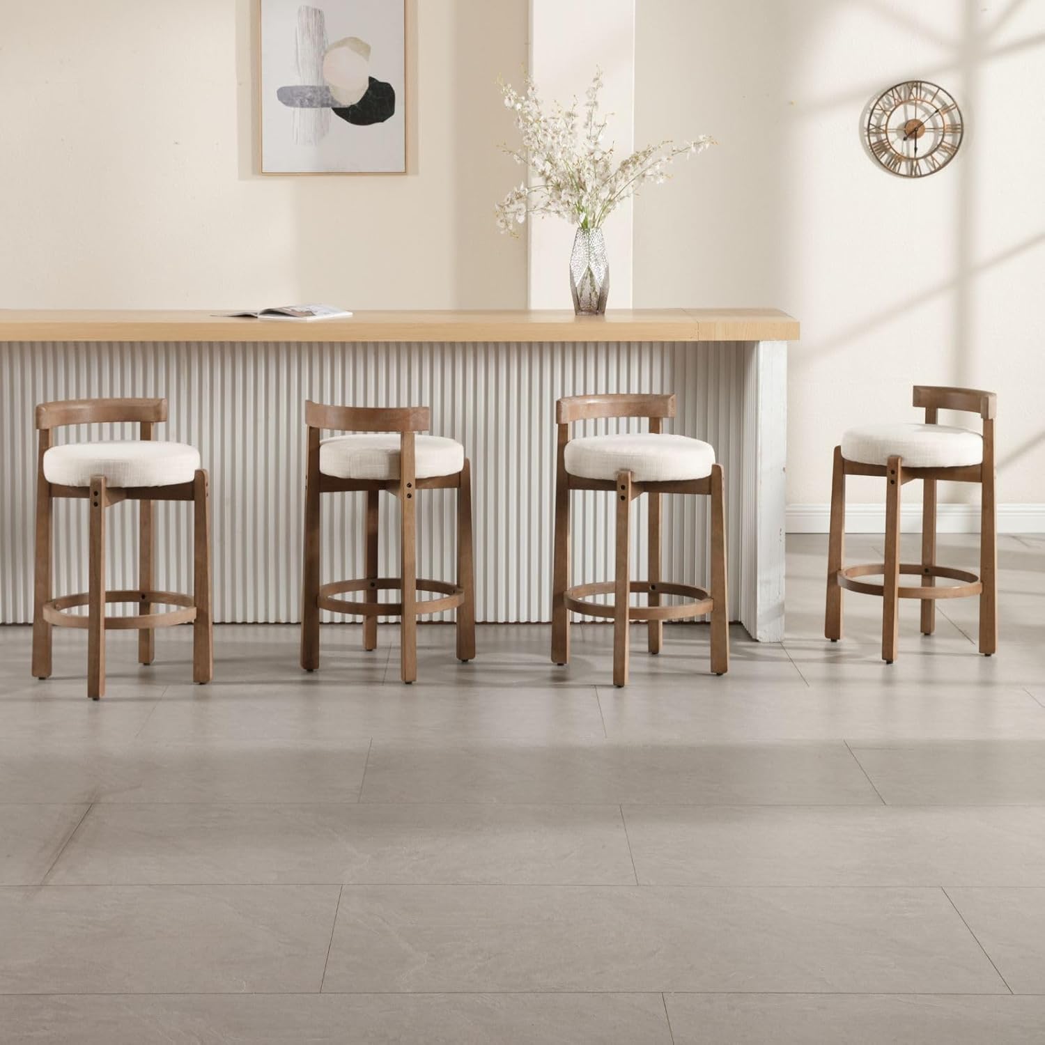 LukeAlon Mid Century Linen Counter Stools Set of 3, Upholstered 26.5" Seat Height Low Barstools with Natural Wood Legs Round Low Back Kitchen Stools with Footrest for Dining Room, Beige