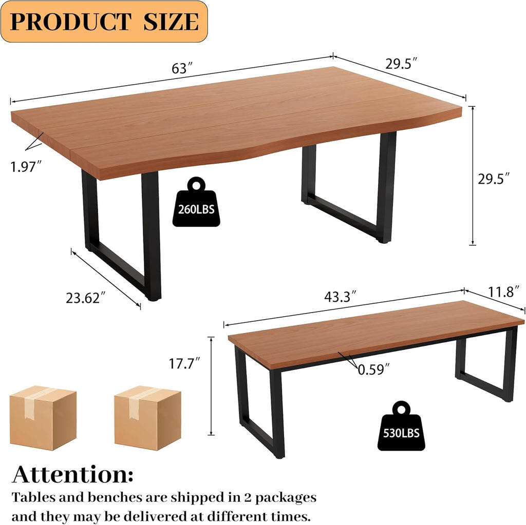 63" Dining Table with 2 Bench, Modern Kitchen Table Set for 4 to 6 Persons, Thickened MDF Wooden Table for Dining Room, Kitchen,Living Room