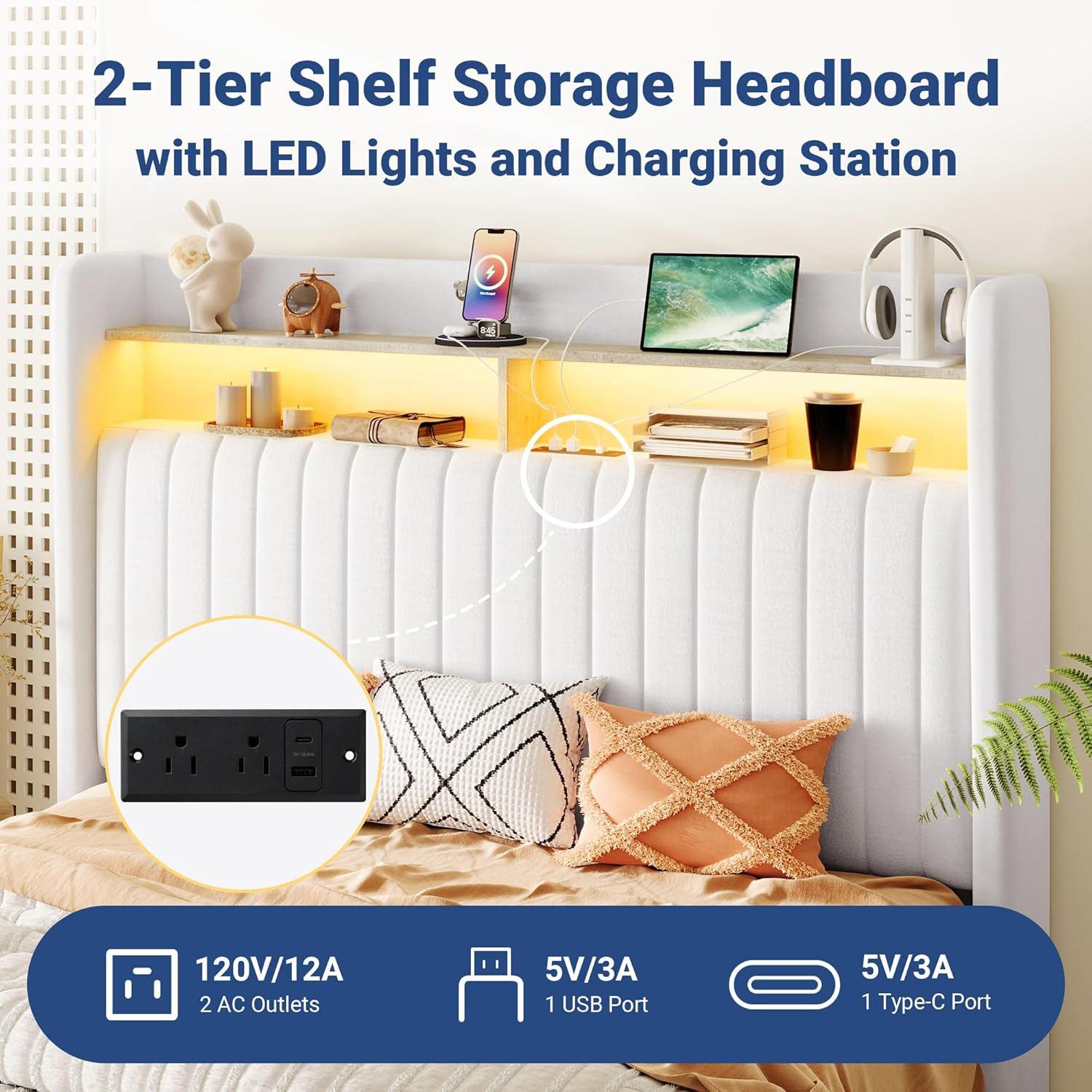 Allewie Queen Size Lift Up Hydraulic Storage Bed Frame, 2-Tier Shelf Headboard with LED Lights and Charging Station, USB and Type C Ports, Wingback Velvet Headboard, No Box Spring Needed, White