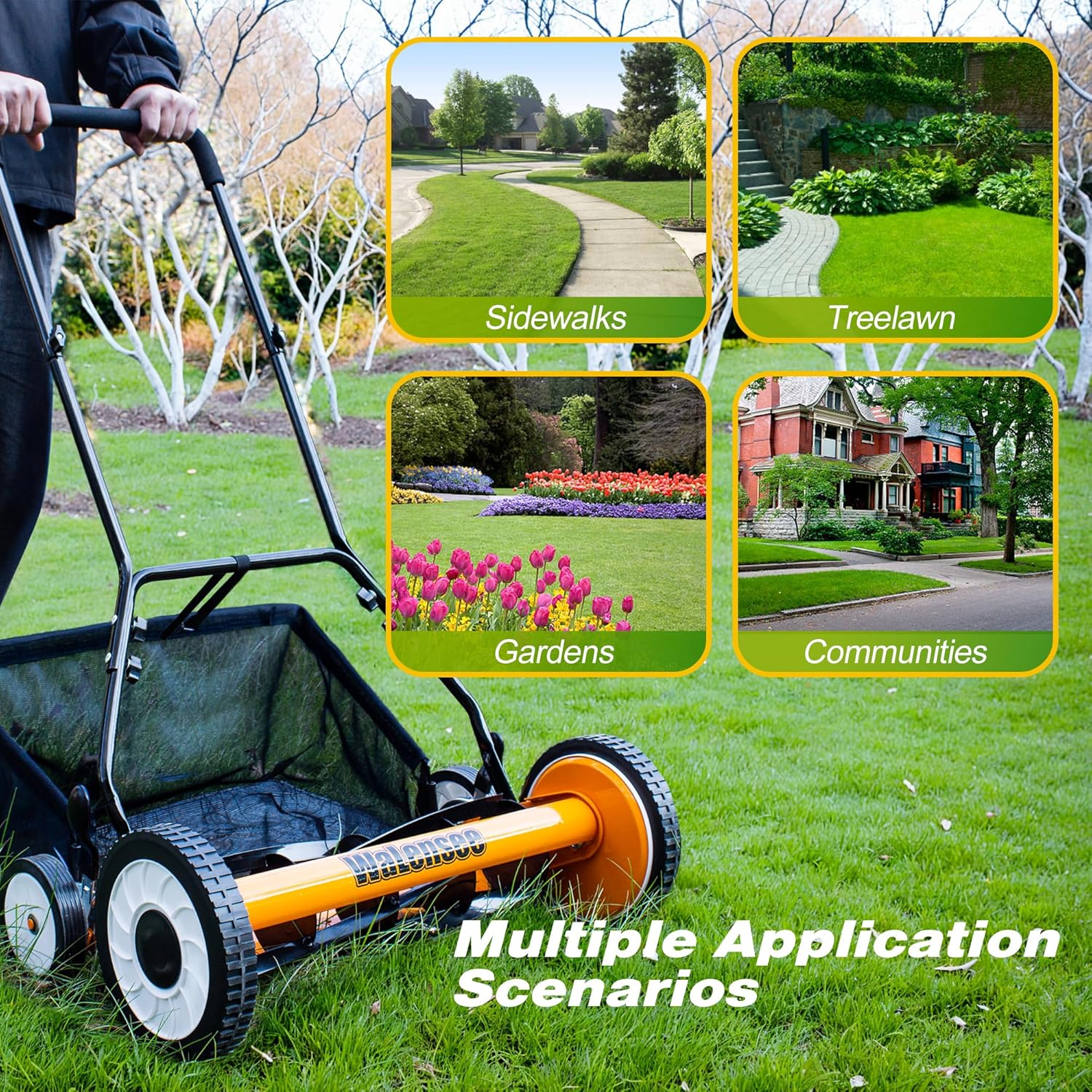 Walensee 20-Inch 5-Blade Push Reel Lawn Mower  Cordless Manual Reel Lawn Mower Walk-Behind Steel Lawn Mowers with Removable 11.8-Gallon Grass Catcher  Sponge Grip  9-Position Cutting Height Adjustment