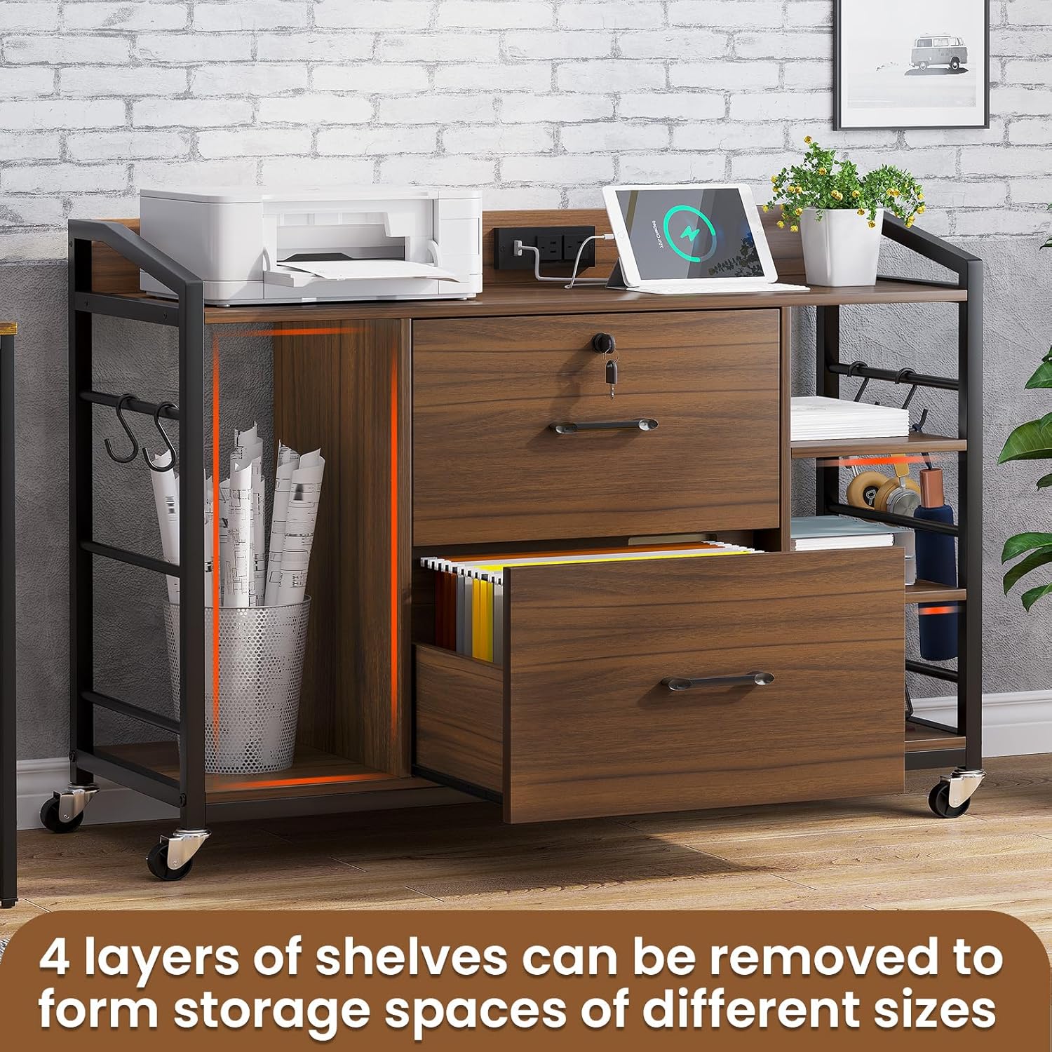 SEDETA 44" File Cabinet, Filing Cabinet fits Legal/Letter Size, 2 Drawer File Cabinets for Home Office with Lock, Power Strip, 6 Storage Shelves, Walnut Brown