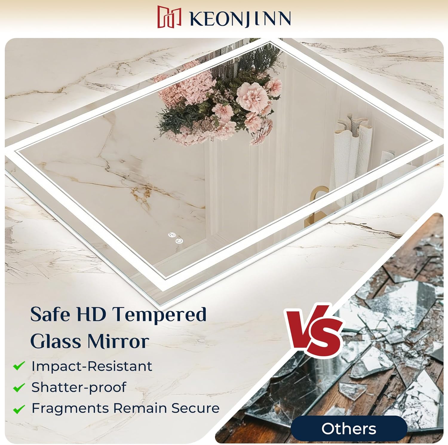 Keonjinn 50" x 36" Bathroom LED Mirror, Front & Back Lighted Mirror for Bathroom Wall, Tempered Glass, Safe Defogger, 3 Color Temperature, Dimmable, Memory Function, Light Up Vanity Mirror