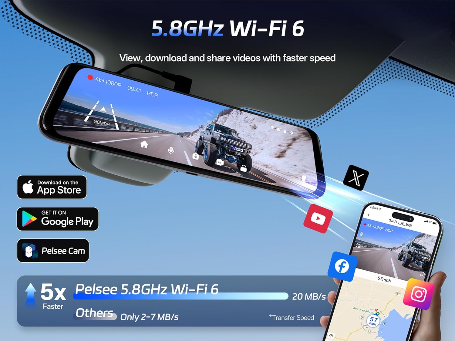 Pelsee S12 Pro Mirror Dash Cam with STARVIS 2 Sensor  Rear View Mirror Camera 5.8GHz WiFi  4K Front and 1080P Rear Backup Camera for Car  ADAS &BSD  Voice Control  Color Night Vision  64G Meomory Card