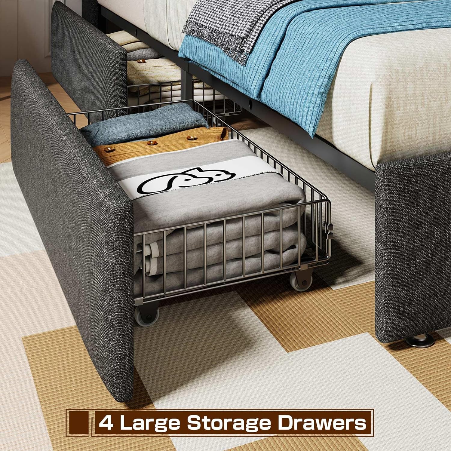 LED Queen Bed Frame with 4 Storage Drawers, Upholstered Bed Frame Queen Size with 2-Tier Headboard and Charging Station, No Box Spring Needed, Easy to Assembly - Dark Grey