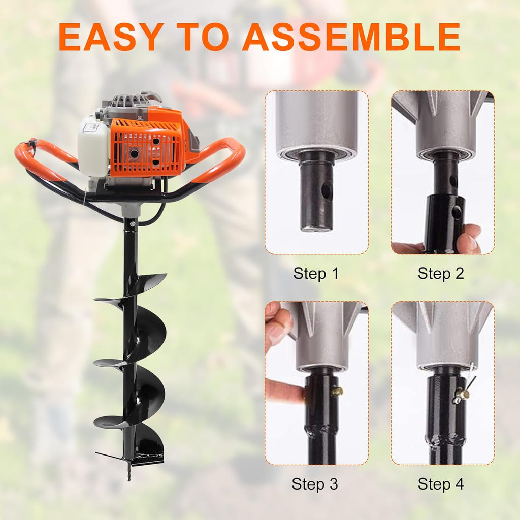 72CC Newly Upgraded Post Hole Digger Gas Powered  2 Stroke Auger Post Hole Digger with 3 Drill Bits (4" &6" & 12") + 2 Extension Rod for Planting - Ideal for Farm & Garden