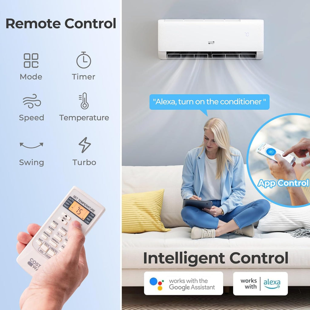 COSTWAY 12000 BTU Mini Split Air Conditioner, with Heat Pump, 22 SEER2 115V Inverter, 24H Timer, Auto Clean, Remote Control for Rooms up to 750 Sq.Ft (Airtural Series)