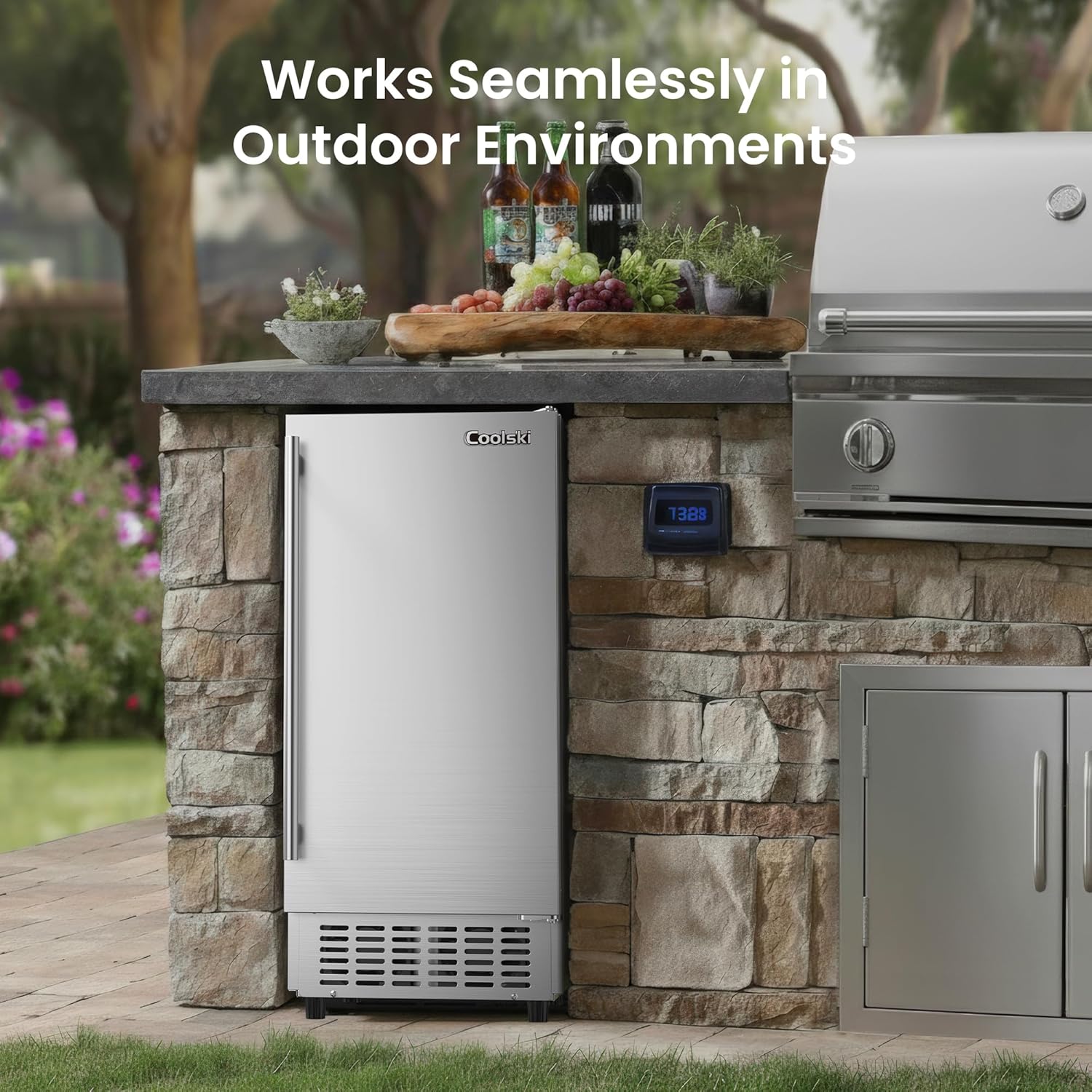 Coolski 15” Under Counter Ice Maker Machine, 130 Lbs/Day with 30 LBS Storage Bin, Built-in Freestanding Stainless Steel Ice Maker with Auto-Cleaning, Smart LCD Panel, for Commercial & Home Outdoor Use