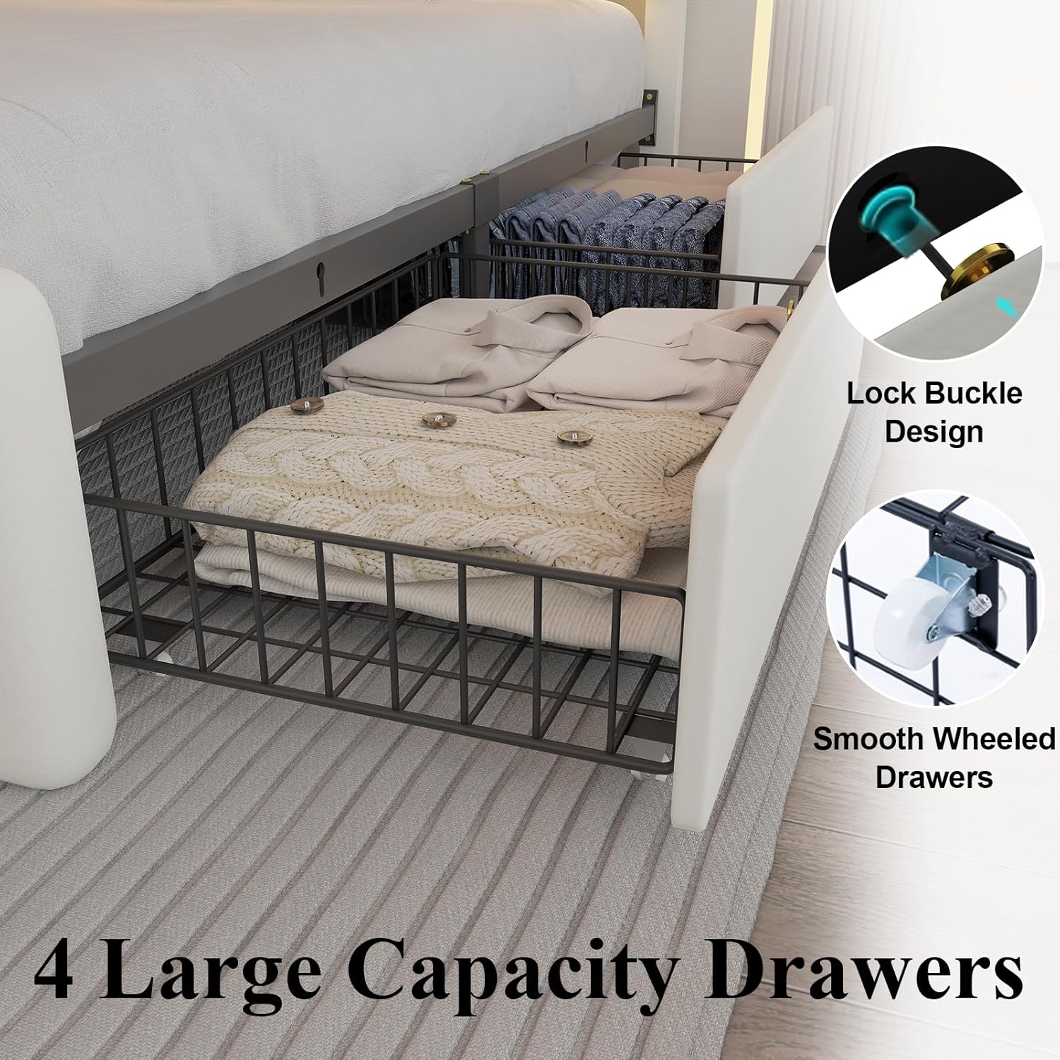 Full Size Bed Frame with 4 Storage Drawers and LED Lights, Upholstered Platform Bed with Adjustable Headboard and Charging Station, Metal Slats Support, No Box Spring Needed,Easy Assembly, White