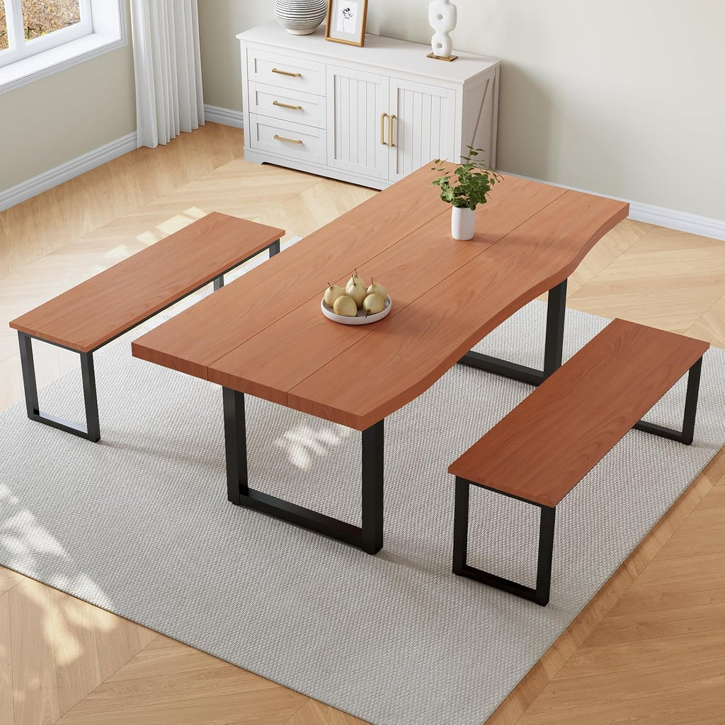 63" Dining Table with 2 Bench, Modern Kitchen Table Set for 4 to 6 Persons, Thickened MDF Wooden Table for Dining Room, Kitchen,Living Room