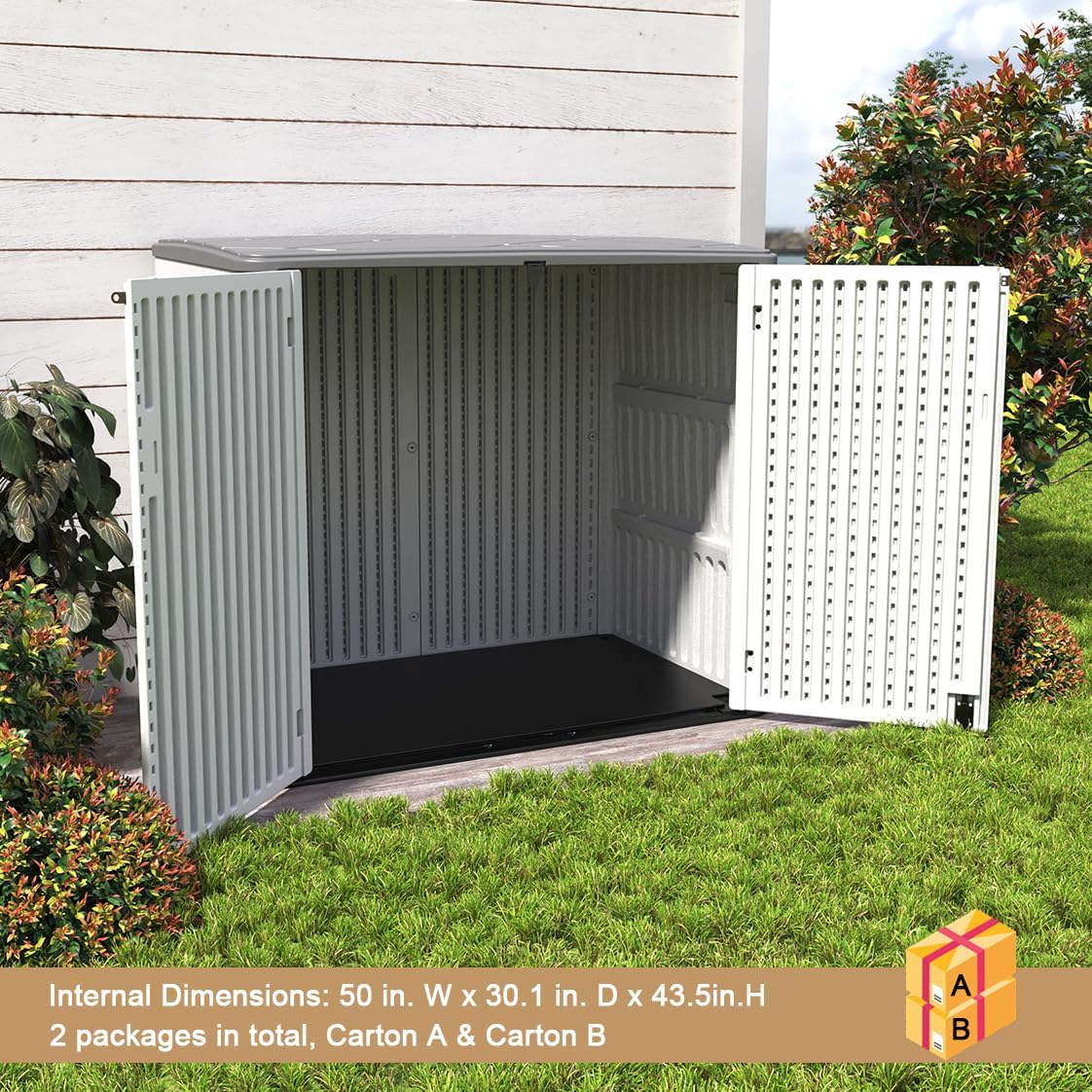 KINYING Larger Outdoor Storage Shed Weather Resistance  Horizontal Outdoor Storage Box Waterproof for Garden  Patios  Backyards  48 Cu.ft Capacity for Garbage Cans  Lawn Mower  Garden Tools