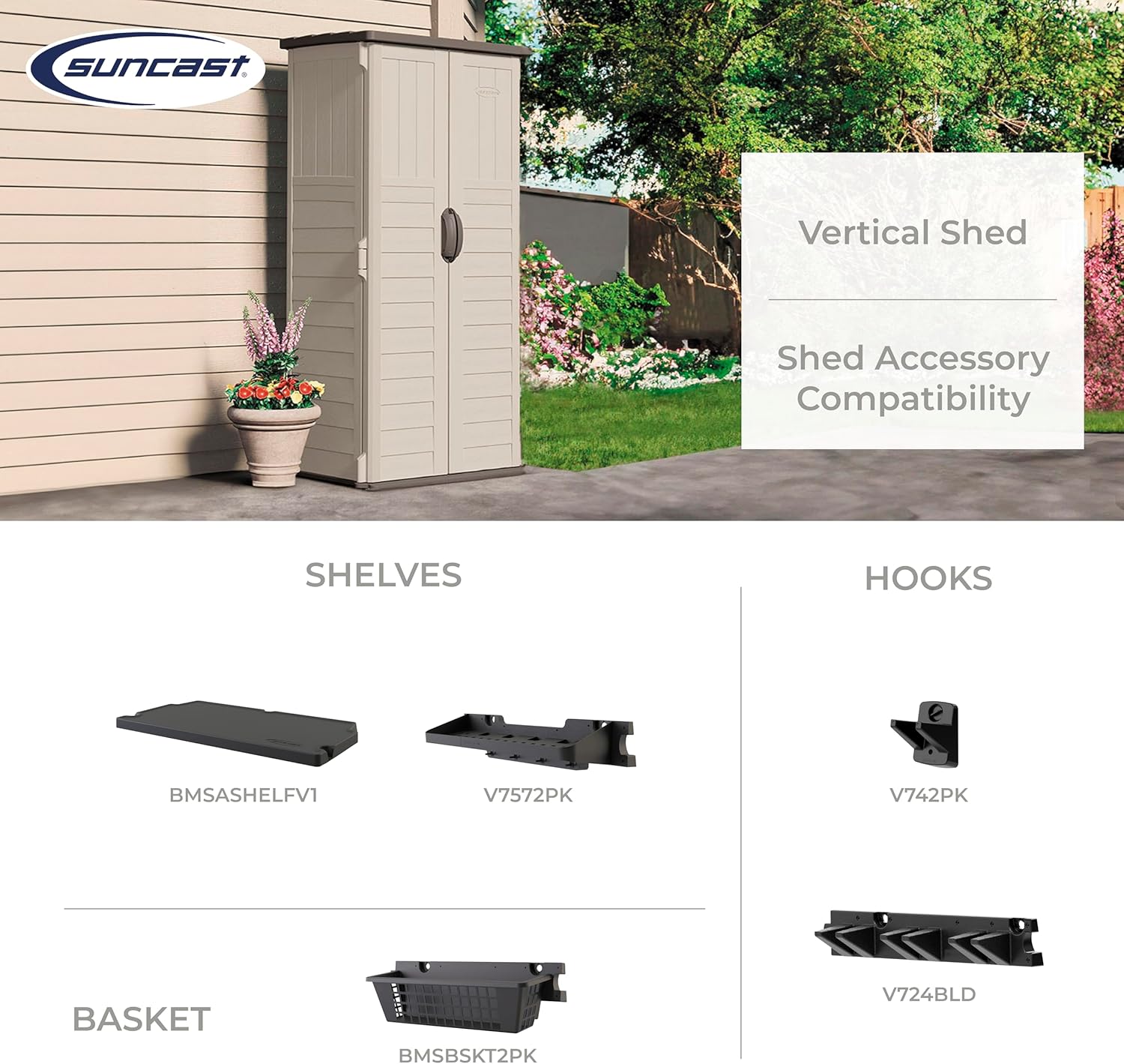 Suncast Vertical Outdoor Storage Shed with All-Weather Construction  Vanilla