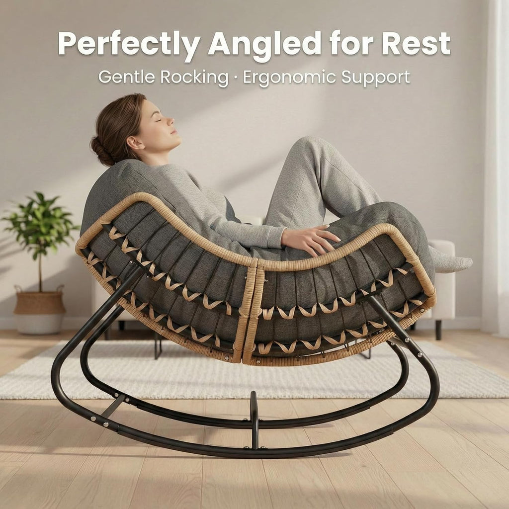 SWITTE Outdoor Rocking Chair  Oversized Patio Papasan Rocker  Comfy Wicker Reading Lounge  Indoor Egg Chair for Bedroom  Living Room  Porch  Garden  Lawn-Dark Grey